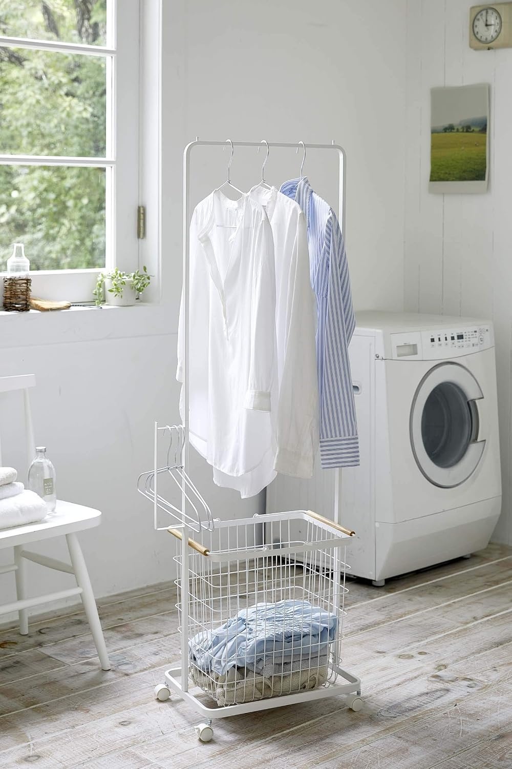 image:imageYamazaki Home Tosca Laundry Cart with Two Metal Bin Basket Hampers On Wheels 38 Steel WoodSingle Item