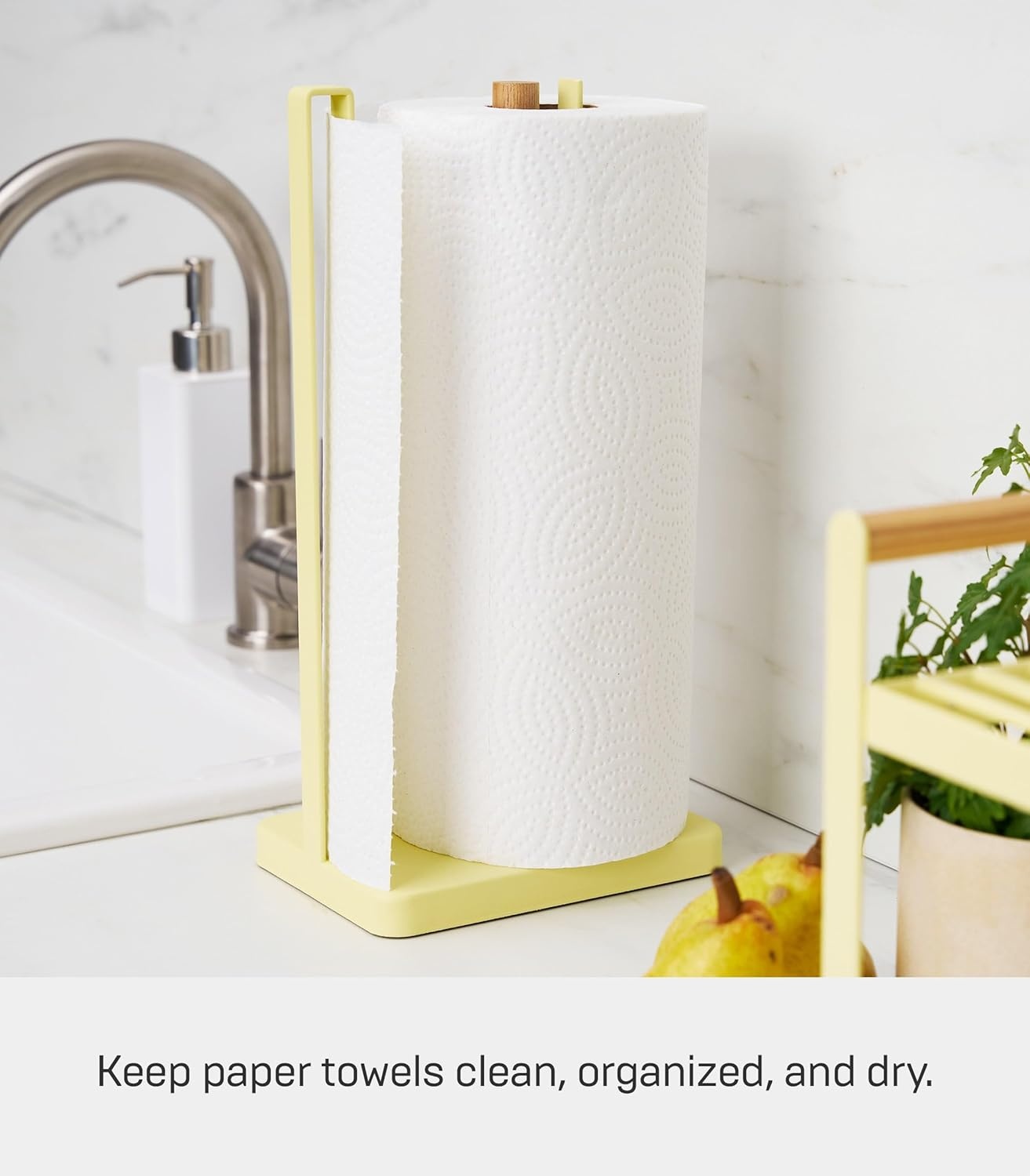 image:imageYamazaki Home Tosca OneHanded Tear Paper Towel Holder Kitchen Storage Rack Steel WoodYellow