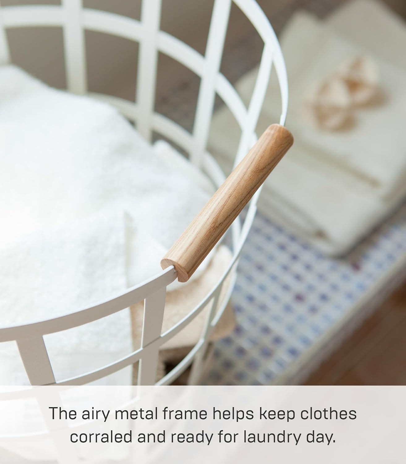 image:imageYamazaki Home Tosca Round Laundry Basket Saving 18 Steel Wood 105 Gallon 40 LitersWhite