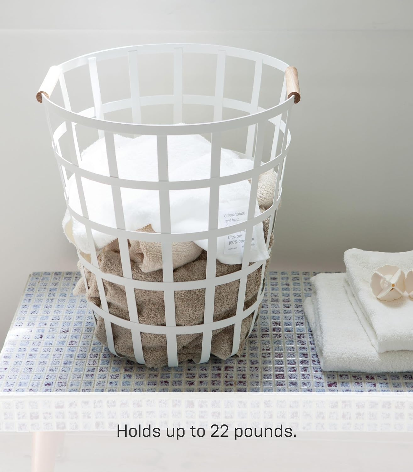 image:imageYamazaki Home Tosca Round Laundry Basket Saving 18 Steel Wood 105 Gallon 40 LitersWhite
