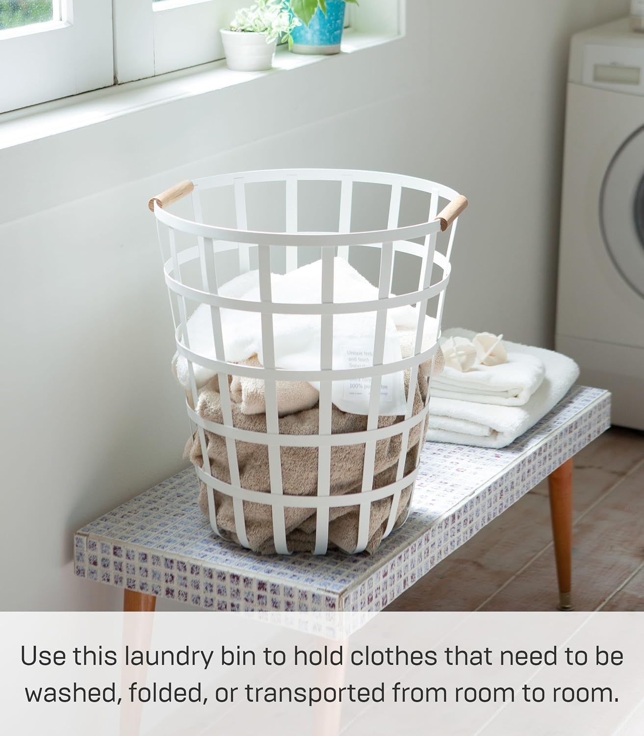 image:imageYamazaki Home Tosca Round Laundry Basket Saving 18 Steel Wood 105 Gallon 40 LitersWhite