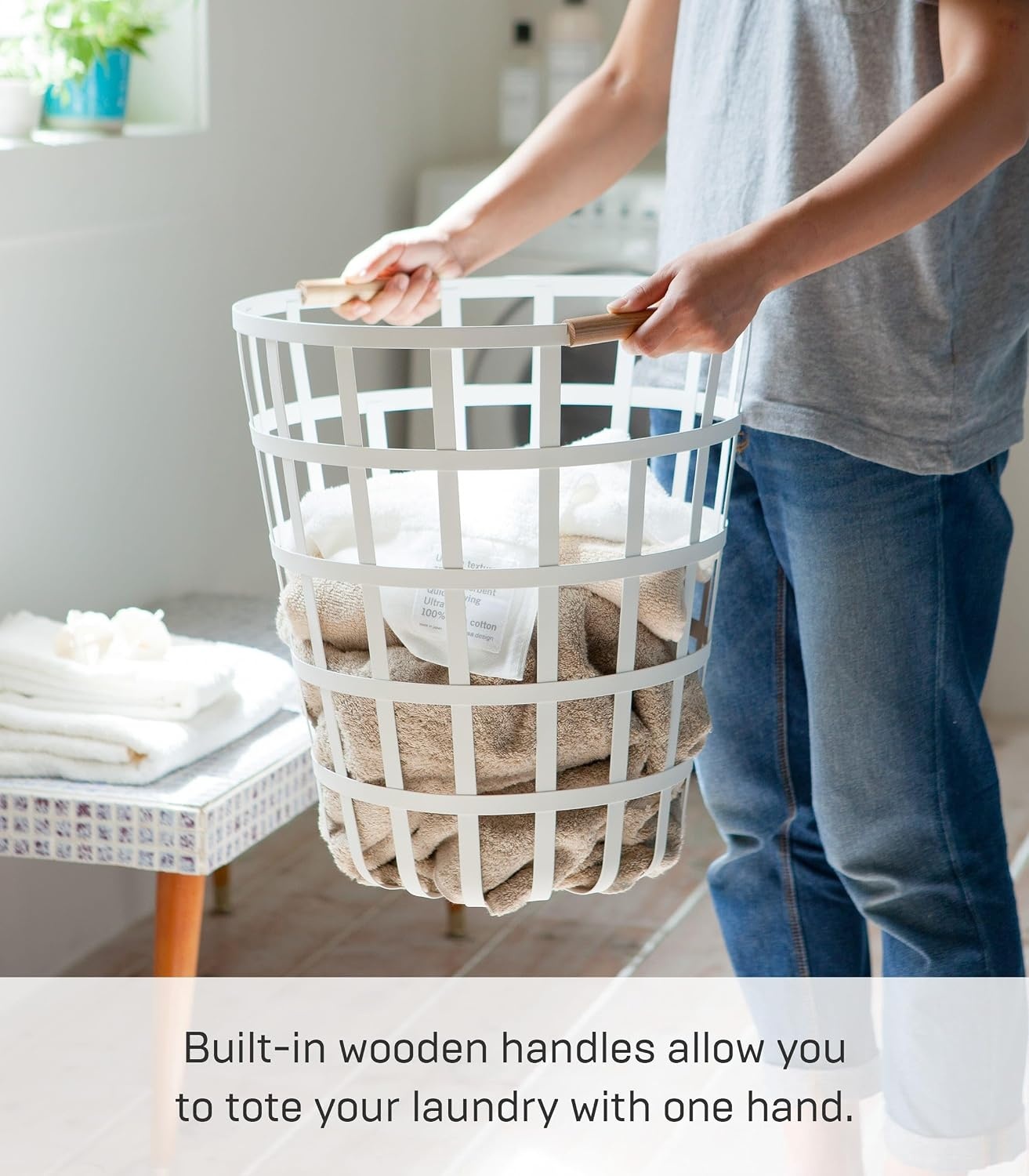 image:imageYamazaki Home Tosca Round Laundry Basket Saving 18 Steel Wood 105 Gallon 40 LitersWhite