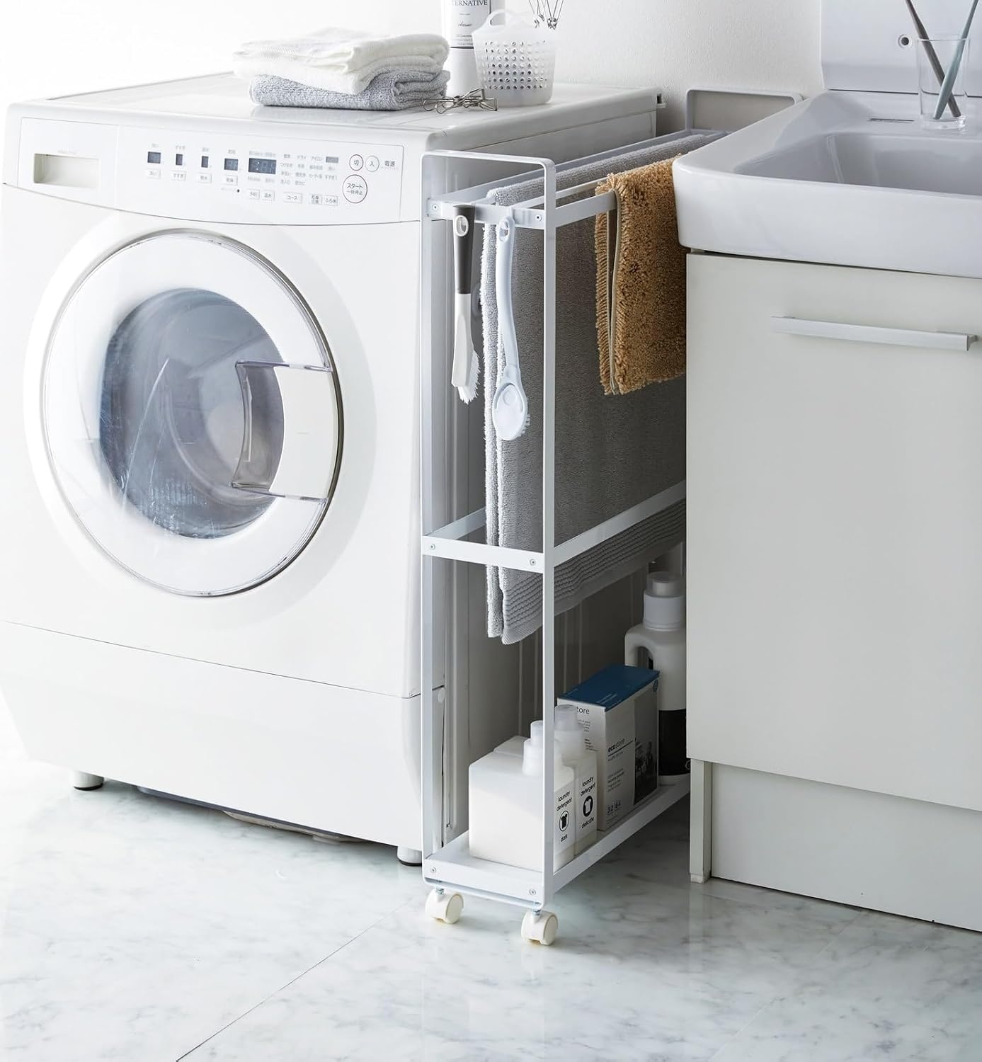 image:imageYamazaki Home Towel Rack and Bath Cart Rolling Bathroom Storage Organizer Steel One Size WhiteWhite