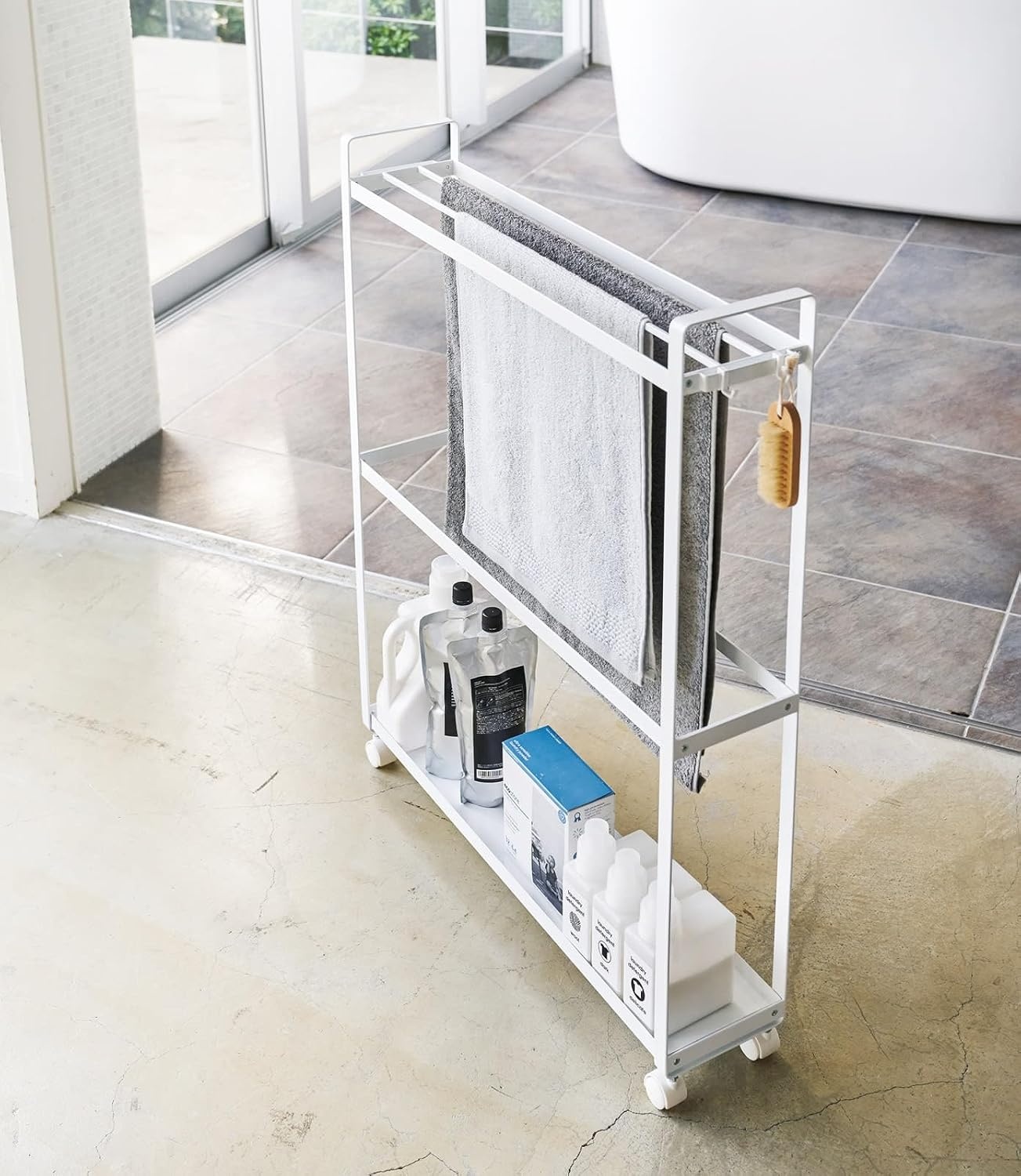 image:imageYamazaki Home Towel Rack and Bath Cart Rolling Bathroom Storage Organizer Steel One Size WhiteWhite