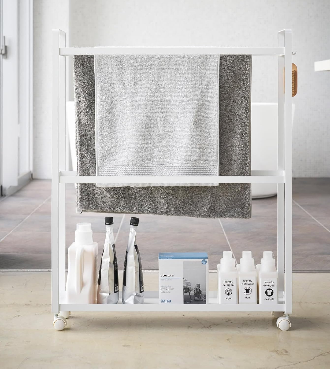 image:imageYamazaki Home Towel Rack and Bath Cart Rolling Bathroom Storage Organizer Steel One Size WhiteWhite