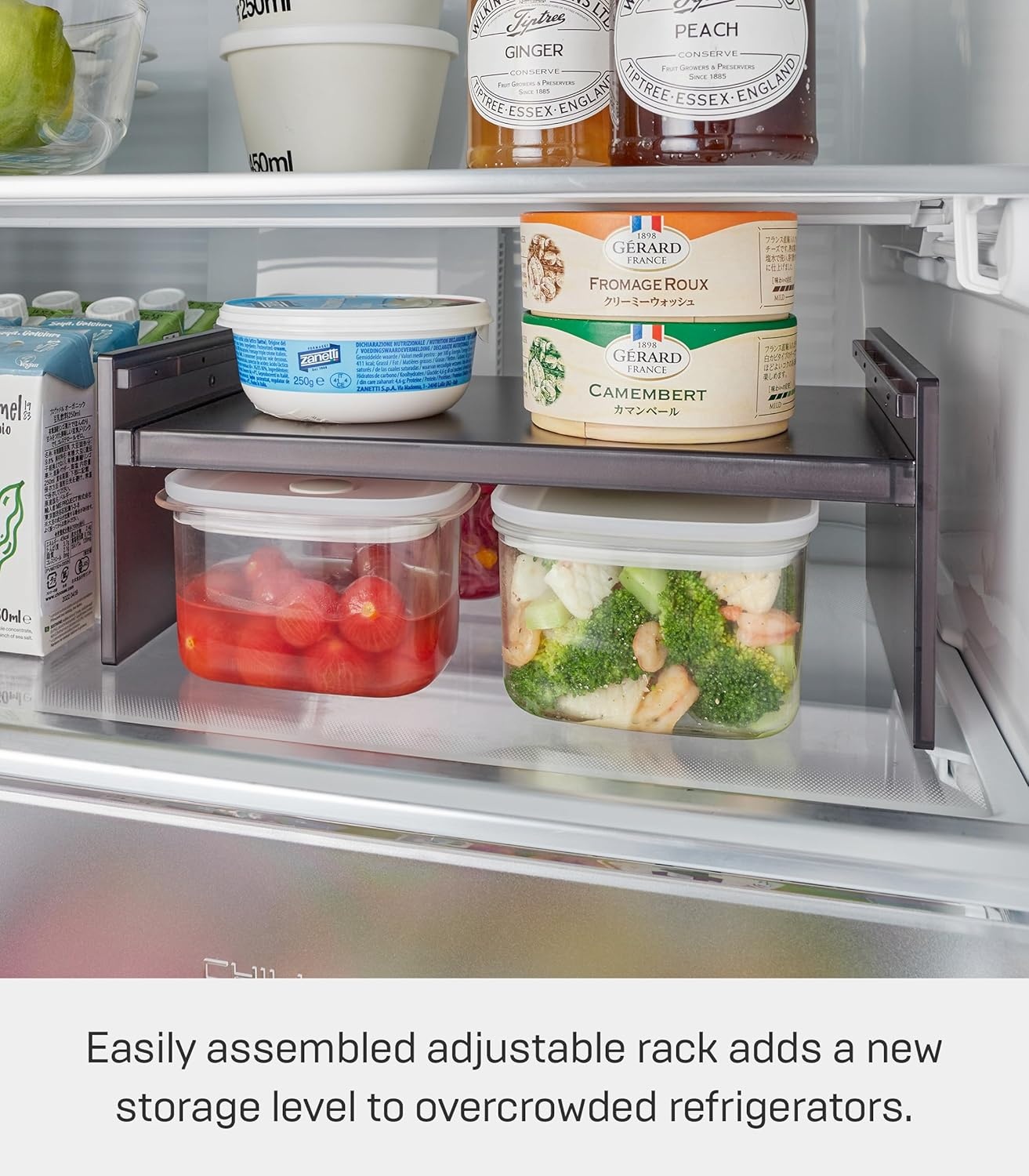 image:imageYamazaki Home Tower Adjustable Extendable Refrigerator Storage Rack 2Level Height Adjustable Shelf For Fridge Organization Customizable Width Easy Assembly Fits 2L Bottles Plastic Black