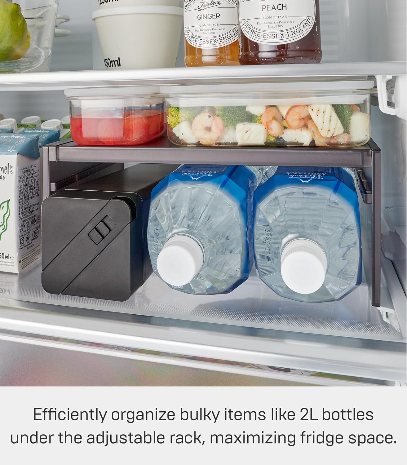 image:imageYamazaki Home Tower Adjustable Extendable Refrigerator Storage Rack 2Level Height Adjustable Shelf For Fridge Organization Customizable Width Easy Assembly Fits 2L Bottles Plastic Black