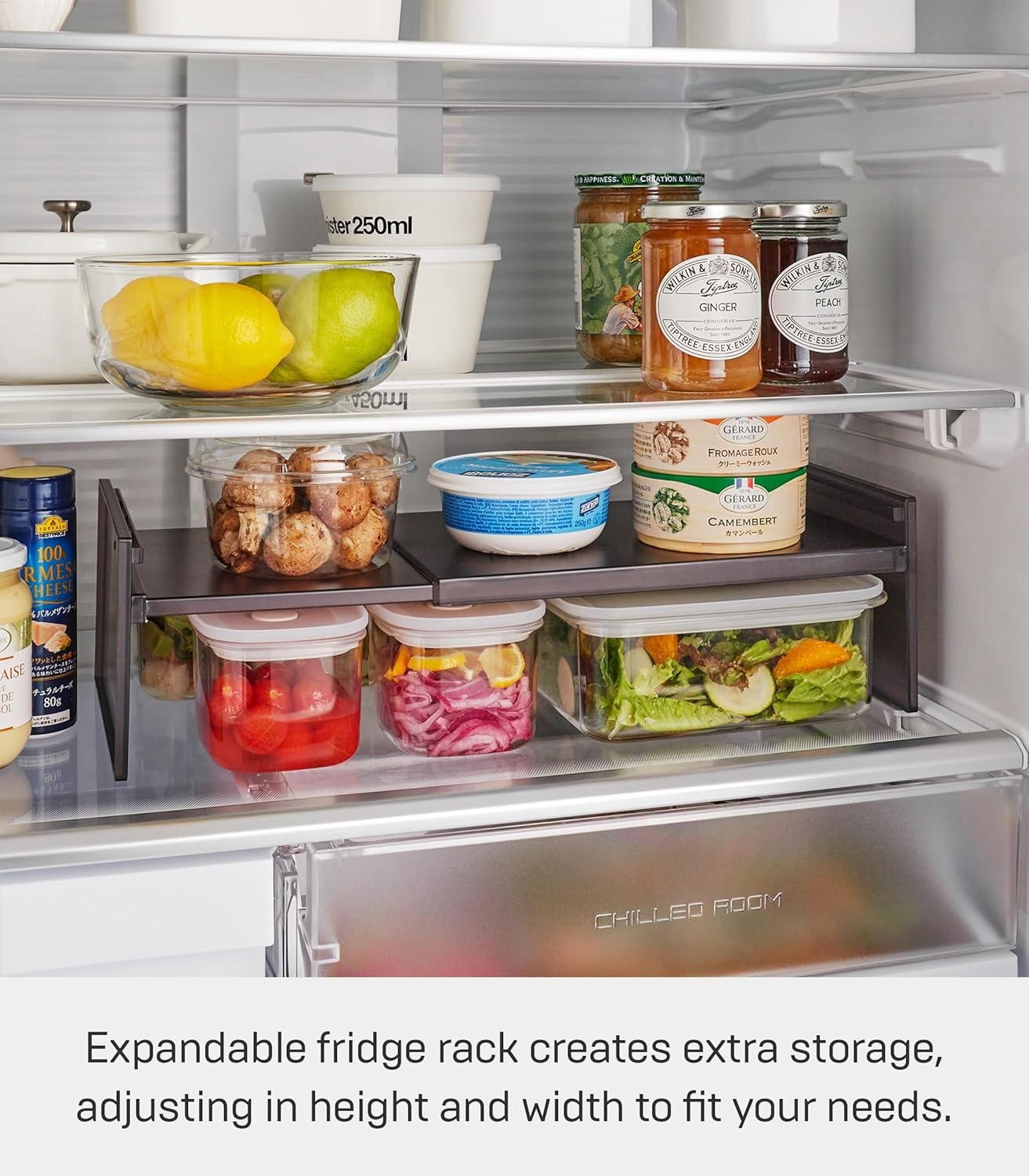 image:imageYamazaki Home Tower Adjustable Extendable Refrigerator Storage Rack 2Level Height Adjustable Shelf For Fridge Organization Customizable Width Easy Assembly Fits 2L Bottles Plastic Black