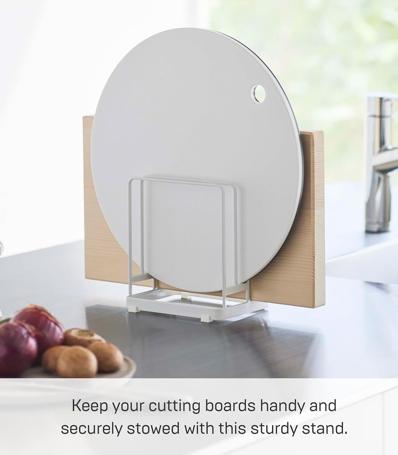 image:imageYamazaki Home Tower Cutting Board Holder Storage Stand For Round And Rectangular Chopping Boards SteelWhite