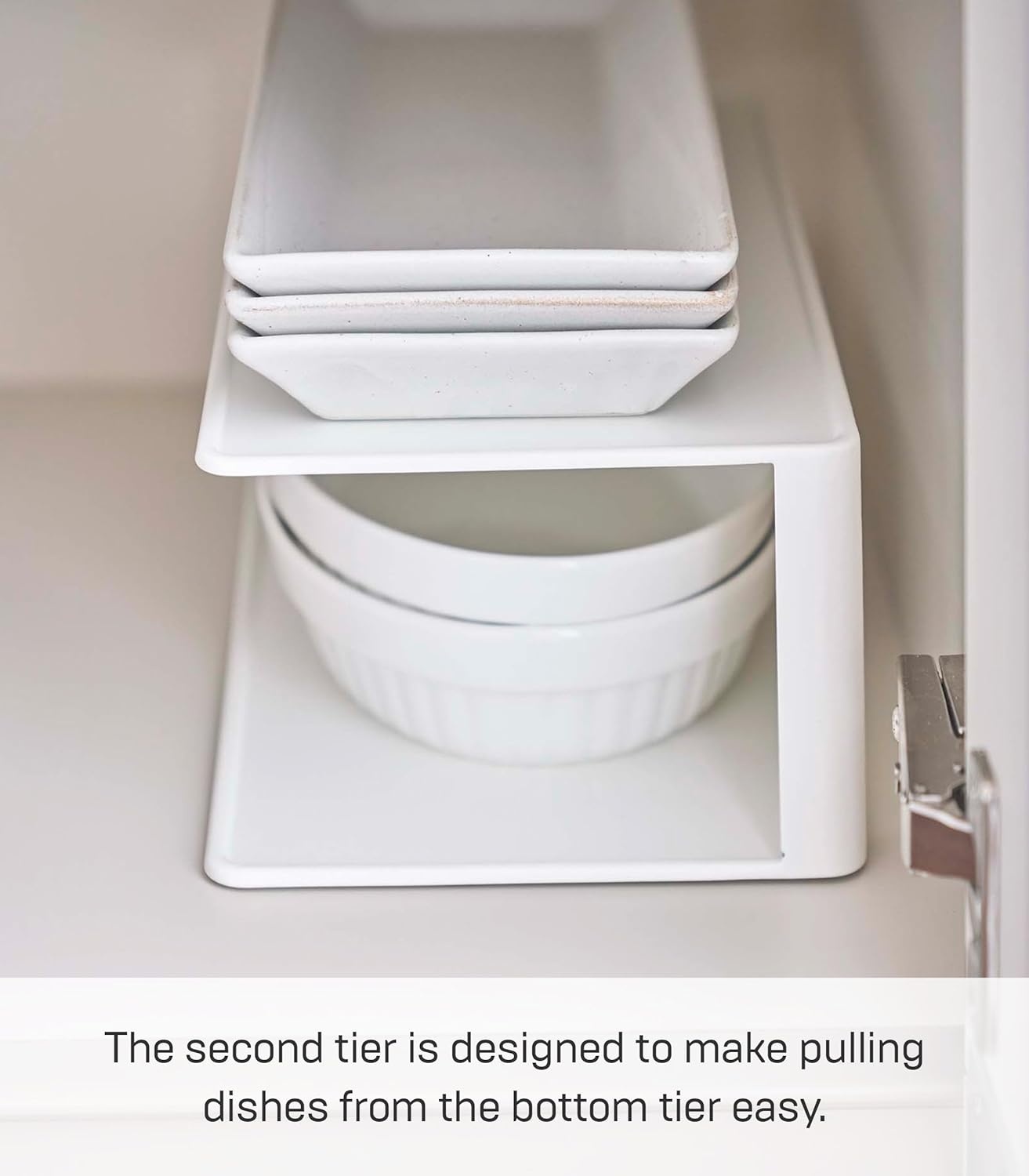 image:imageYamazaki Home Tower Dish Storage Rack With Two Tiers For Kitchen Cabinet Or Countertop Dinnerware Rectangular Plate Cabinet Organizer Long Metal Holder SteelWhite