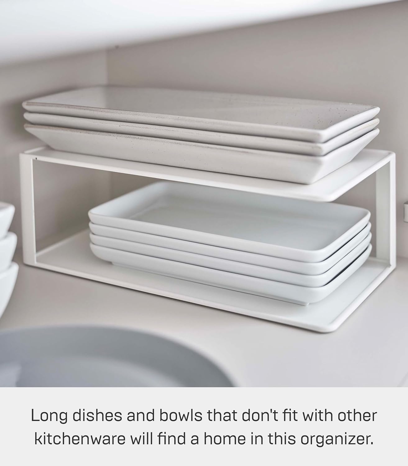 image:imageYamazaki Home Tower Dish Storage Rack With Two Tiers For Kitchen Cabinet Or Countertop Dinnerware Rectangular Plate Cabinet Organizer Long Metal Holder SteelWhite