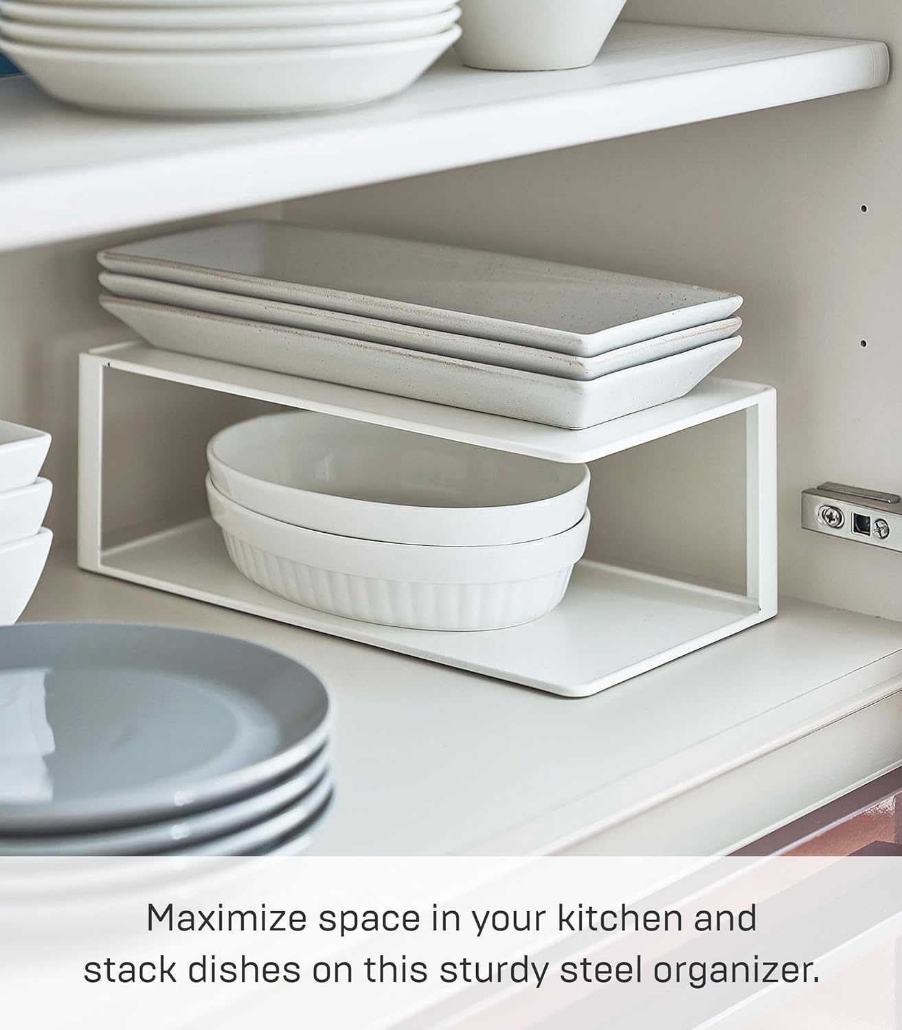 image:imageYamazaki Home Tower Dish Storage Rack With Two Tiers For Kitchen Cabinet Or Countertop Dinnerware Rectangular Plate Cabinet Organizer Long Metal Holder SteelWhite