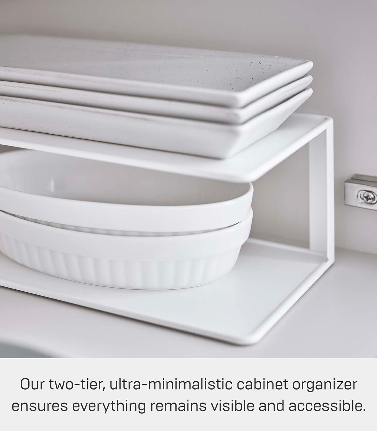 image:imageYamazaki Home Tower Dish Storage Rack With Two Tiers For Kitchen Cabinet Or Countertop Dinnerware Rectangular Plate Cabinet Organizer Long Metal Holder SteelWhite