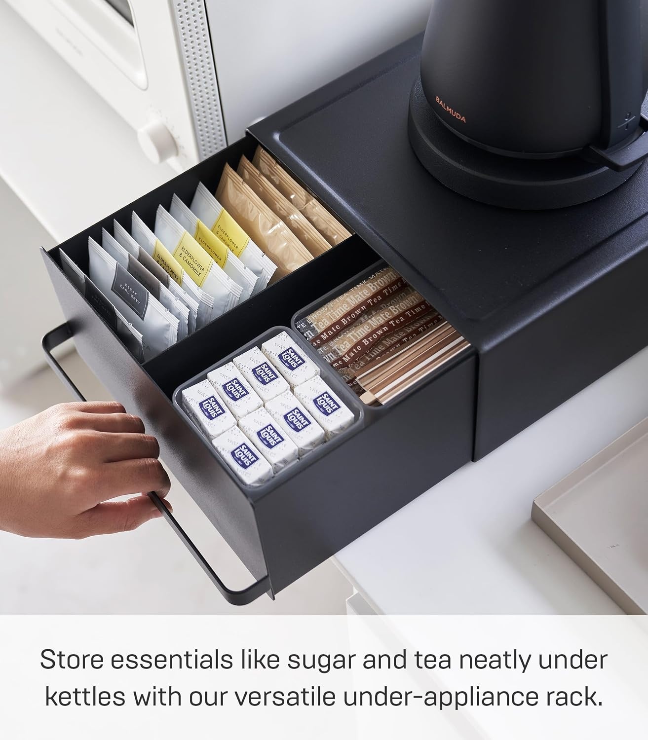 image:imageYamazaki Home Tower Kitchen Appliance Rack With Drawers SpaceSaving UnderAppliance Storage Organizer For Sugar Tea Packs Mixers Coffee Makers Electric Pots SteelBlack