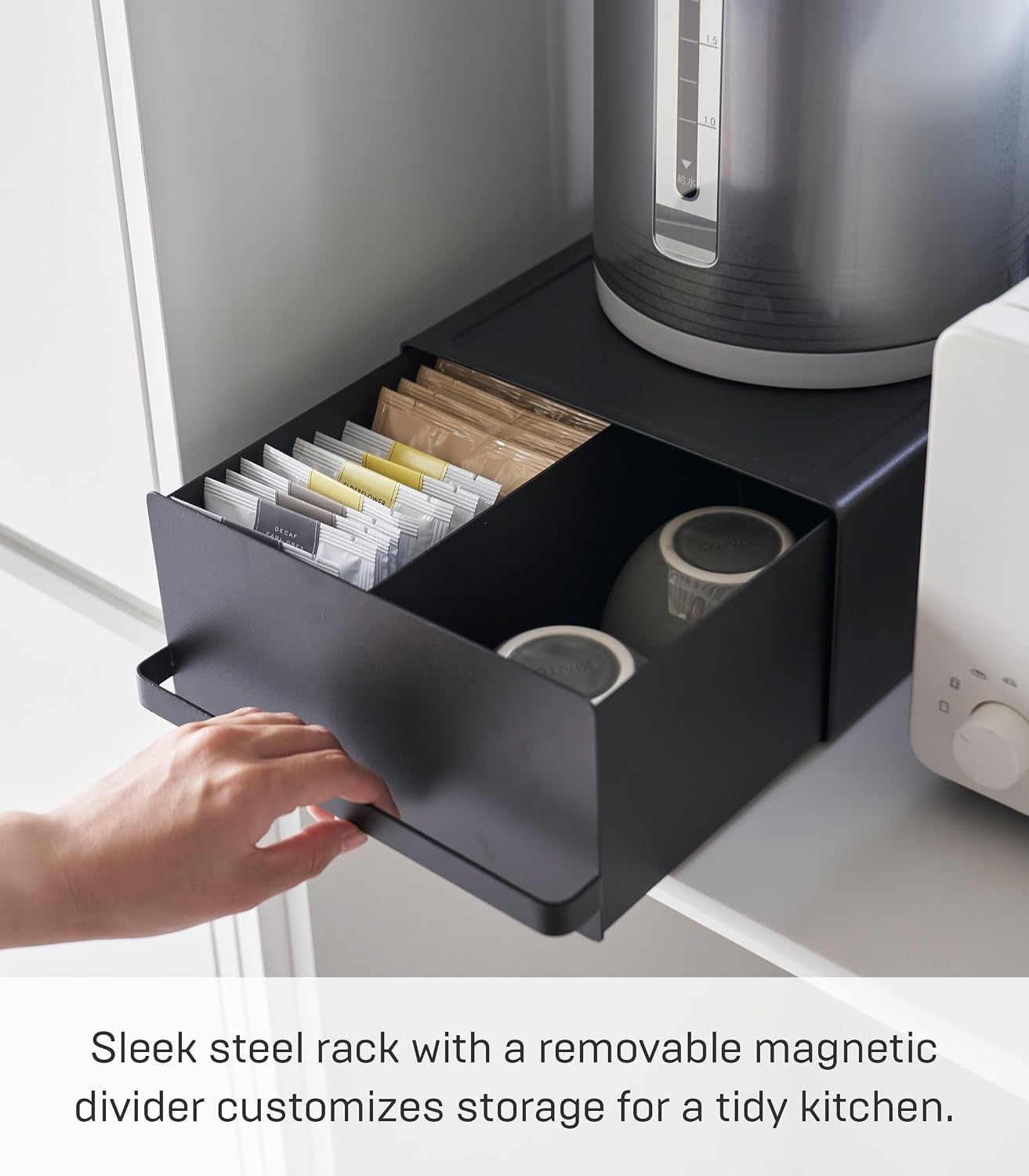 image:imageYamazaki Home Tower Kitchen Appliance Rack With Drawers SpaceSaving UnderAppliance Storage Organizer For Sugar Tea Packs Mixers Coffee Makers Electric Pots SteelBlack