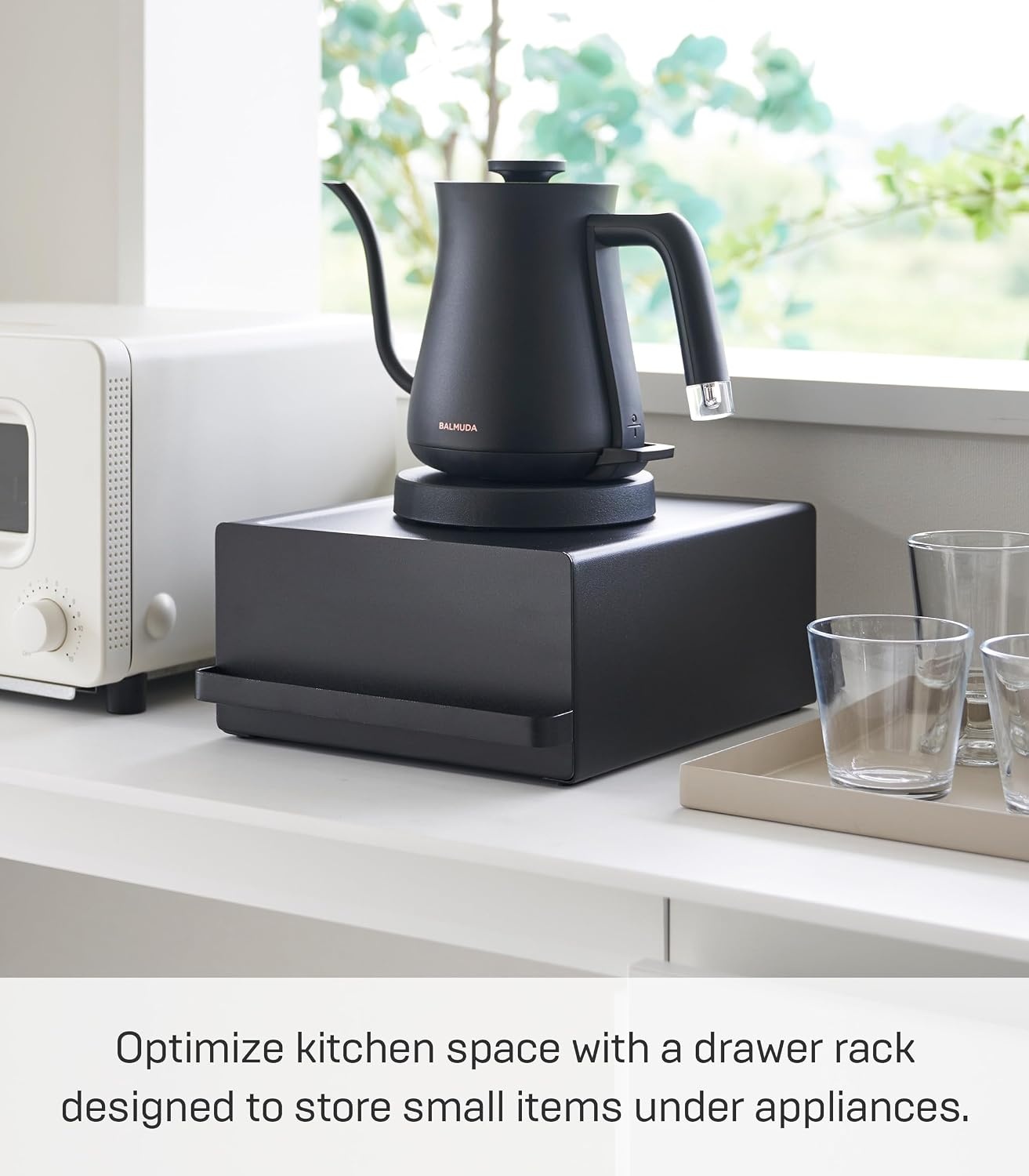 image:imageYamazaki Home Tower Kitchen Appliance Rack With Drawers SpaceSaving UnderAppliance Storage Organizer For Sugar Tea Packs Mixers Coffee Makers Electric Pots SteelBlack