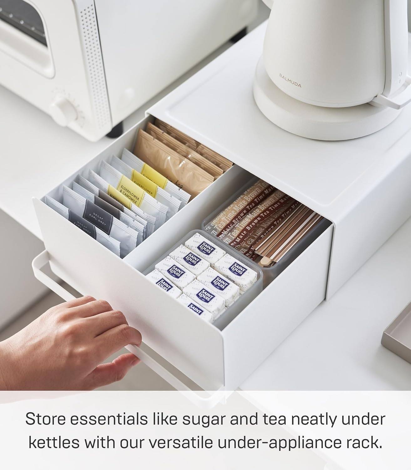 image:imageYamazaki Home Tower Kitchen Appliance Rack With Drawers SpaceSaving UnderAppliance Storage Organizer For Sugar Tea Packs Mixers Coffee Makers Electric Pots SteelWhite