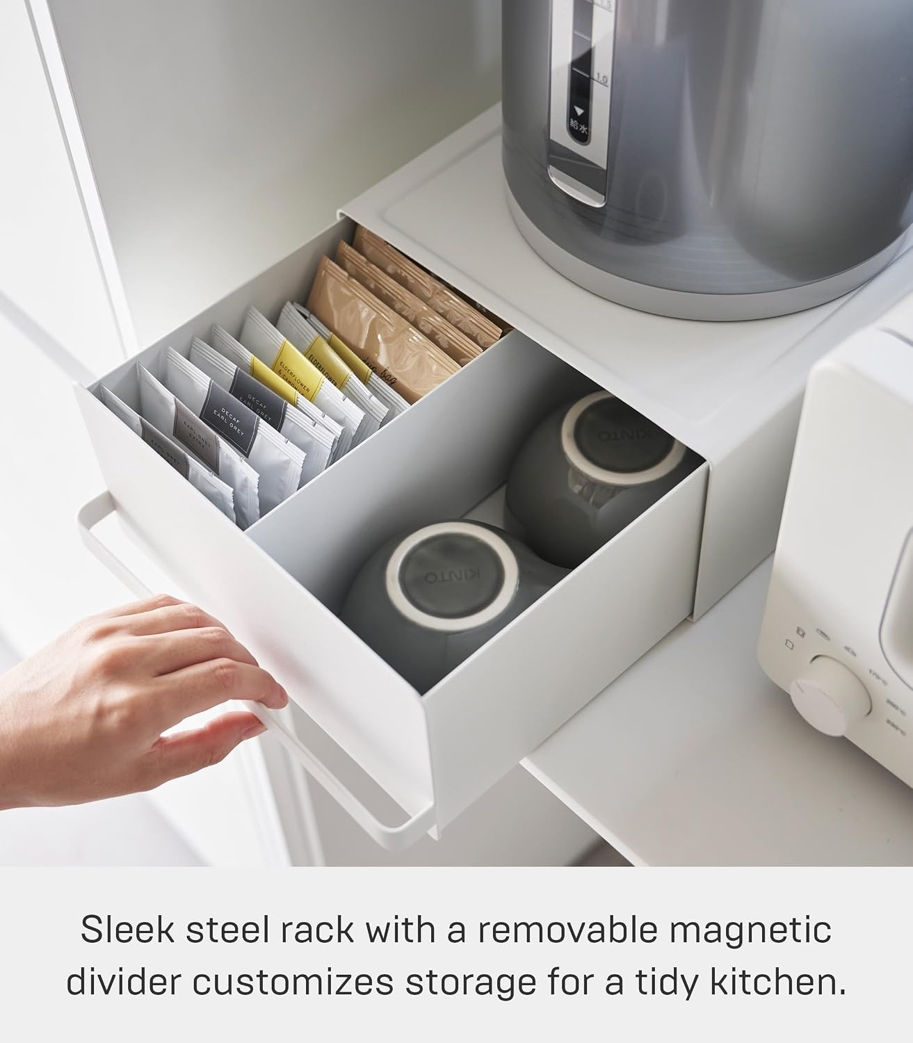 image:imageYamazaki Home Tower Kitchen Appliance Rack With Drawers SpaceSaving UnderAppliance Storage Organizer For Sugar Tea Packs Mixers Coffee Makers Electric Pots SteelWhite