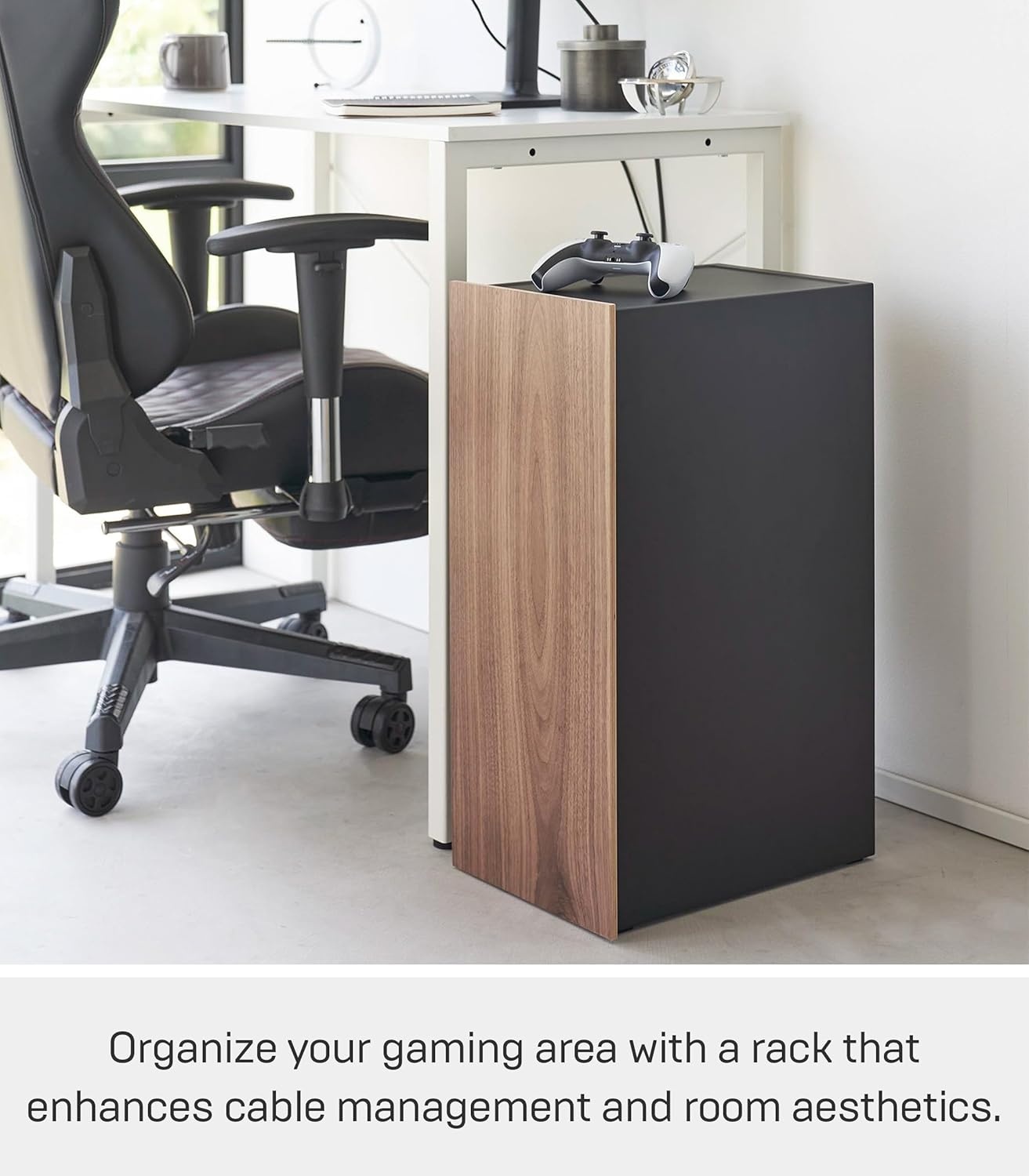 image:imageYamazaki Home Tower Large Capacity Game Console Rack Organize Controllers PullOut Shelf Cable Management SteelBlack