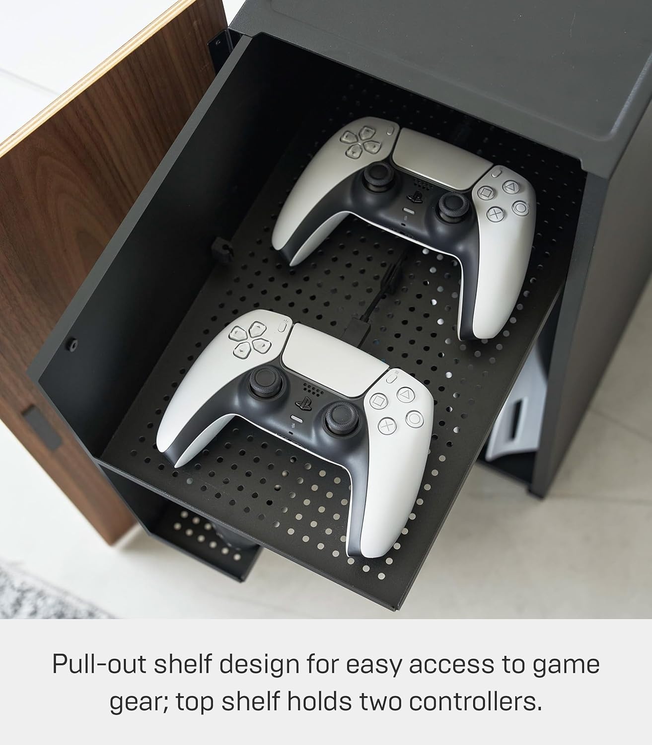 image:imageYamazaki Home Tower Large Capacity Game Console Rack Organize Controllers PullOut Shelf Cable Management SteelBlack