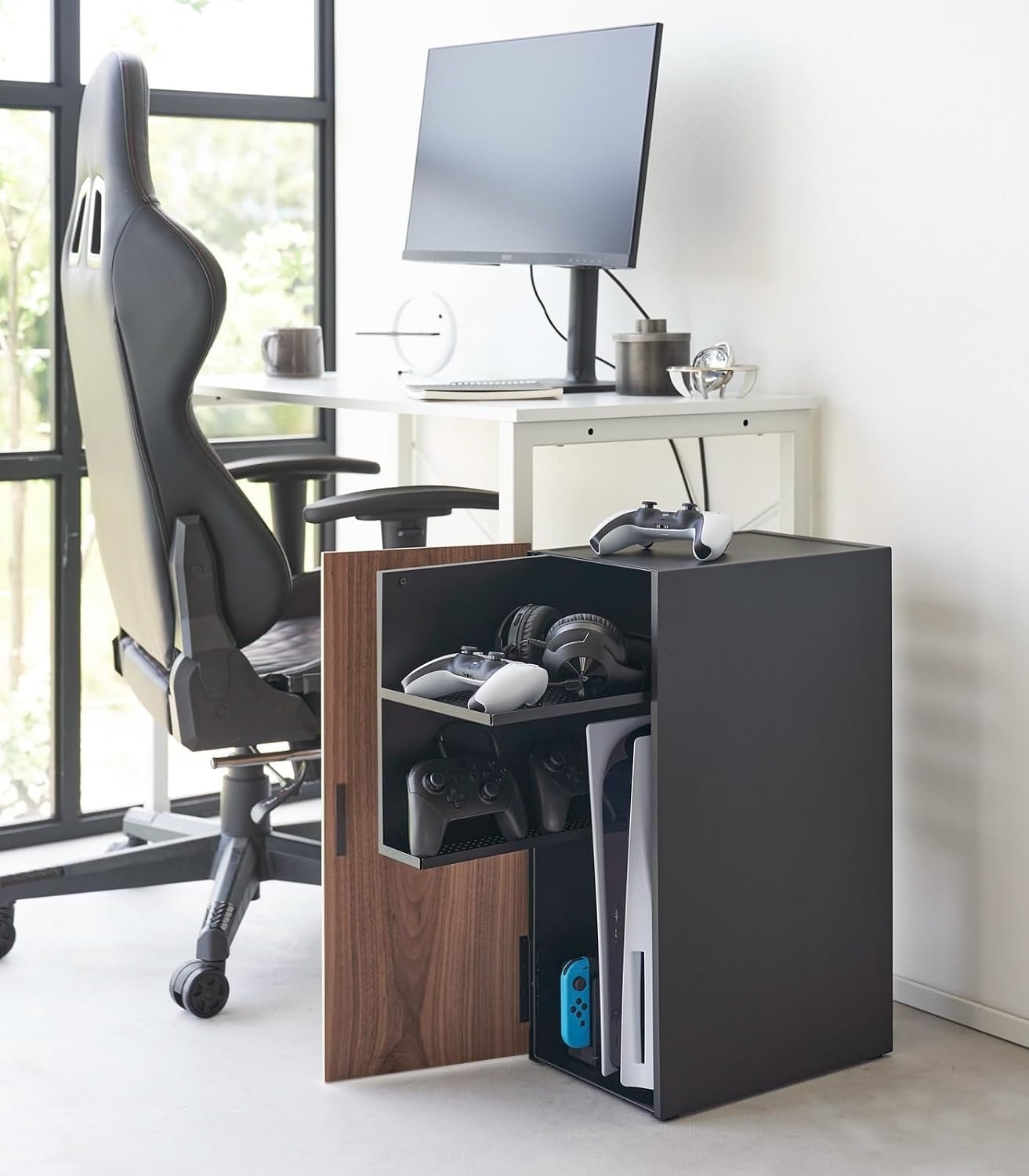 image:imageYamazaki Home Tower Large Capacity Game Console Rack Organize Controllers PullOut Shelf Cable Management SteelBlack