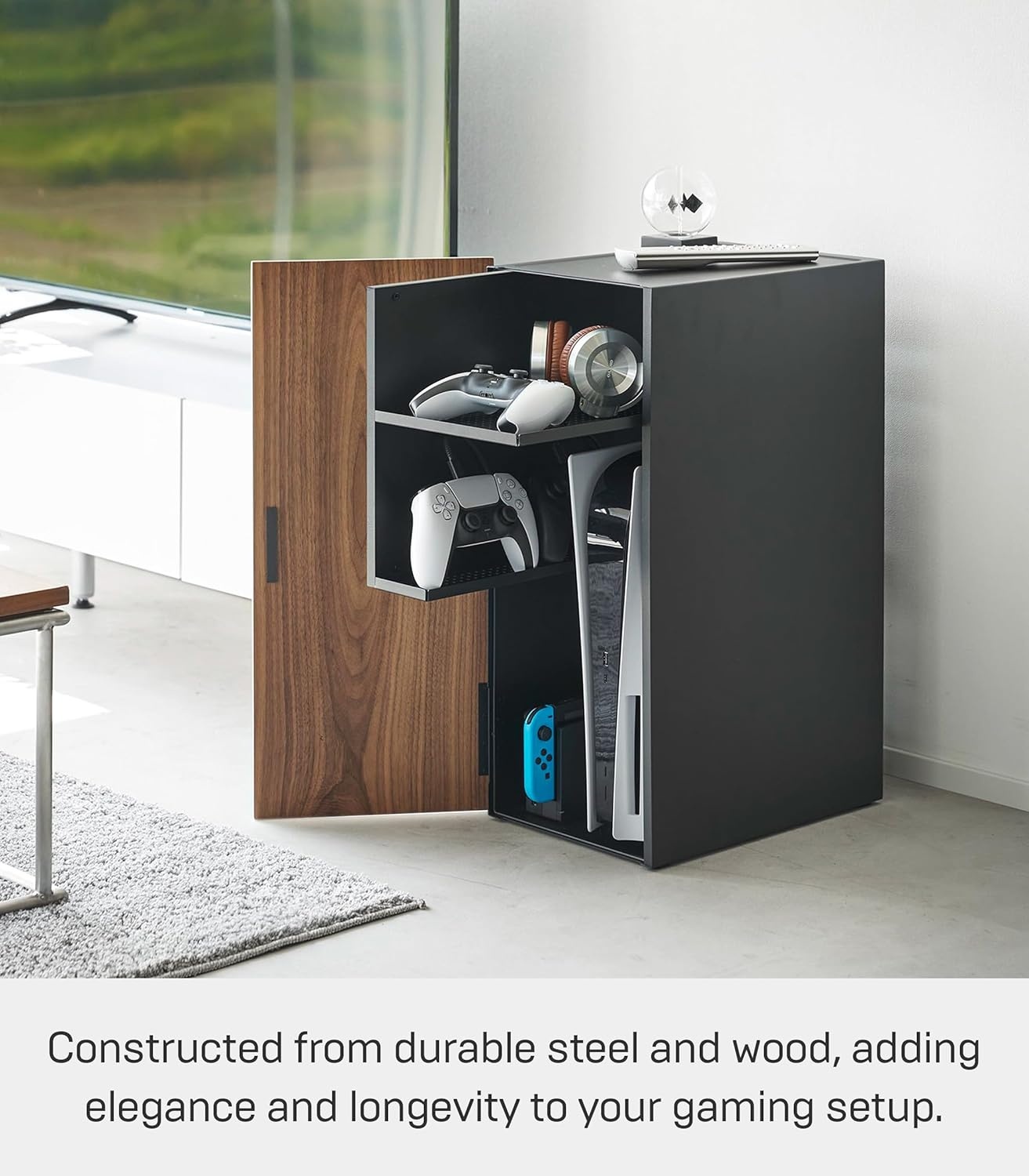 image:imageYamazaki Home Tower Large Capacity Game Console Rack Organize Controllers PullOut Shelf Cable Management SteelBlack