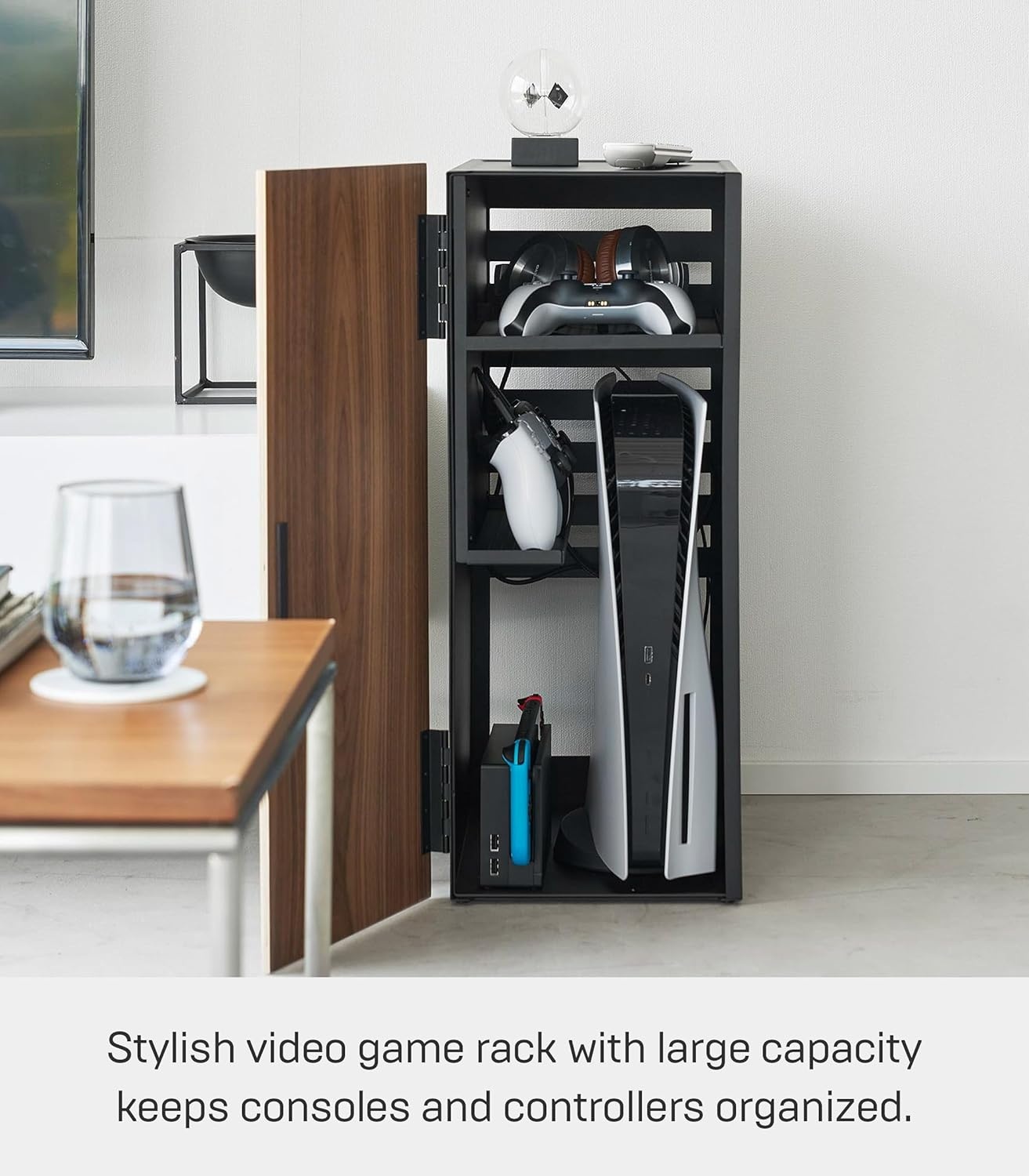 image:imageYamazaki Home Tower Large Capacity Game Console Rack Organize Controllers PullOut Shelf Cable Management SteelBlack