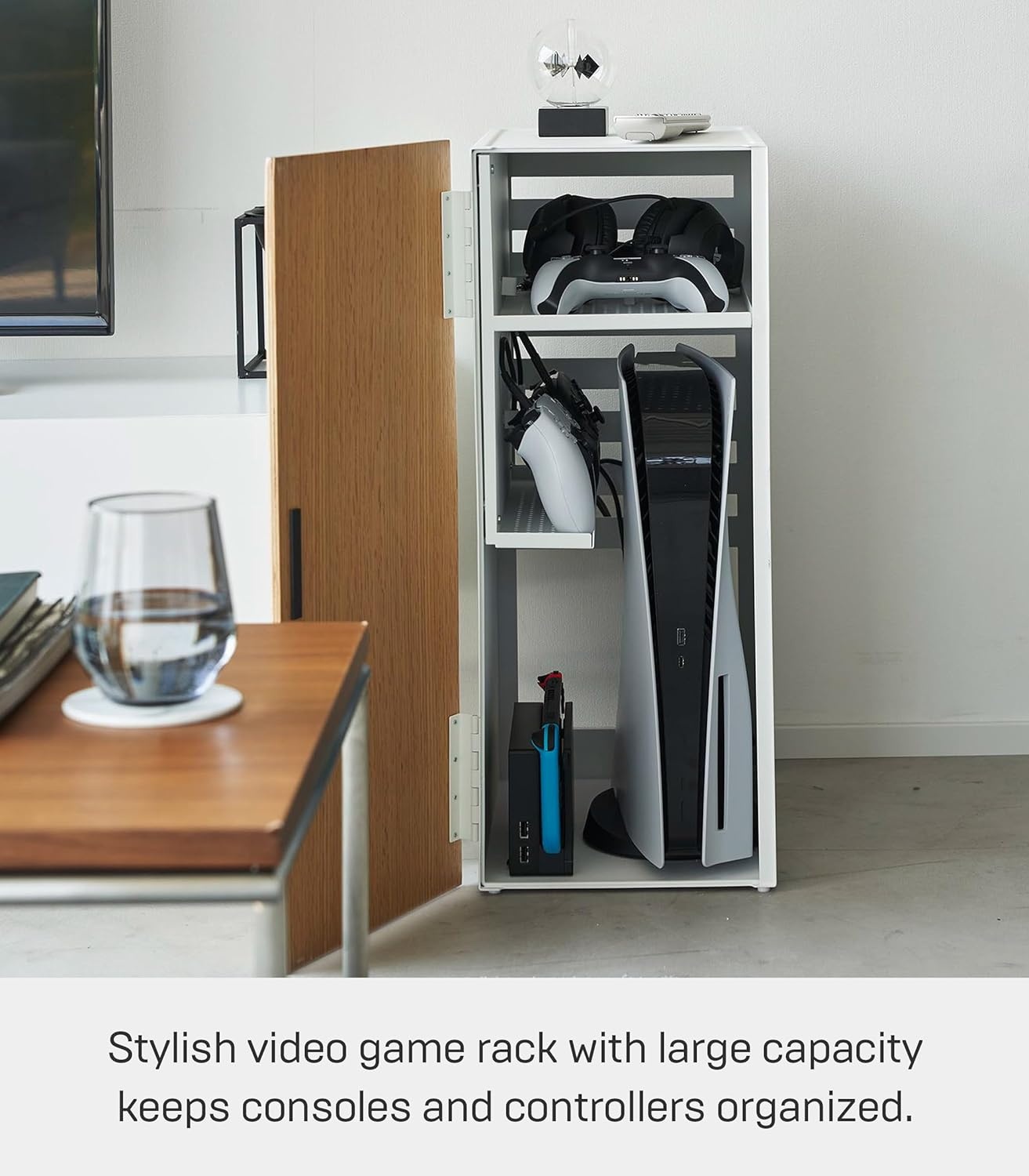 image:imageYamazaki Home Tower Large Capacity Game Console Rack Organize Controllers PullOut Shelf Cable Management SteelWhite