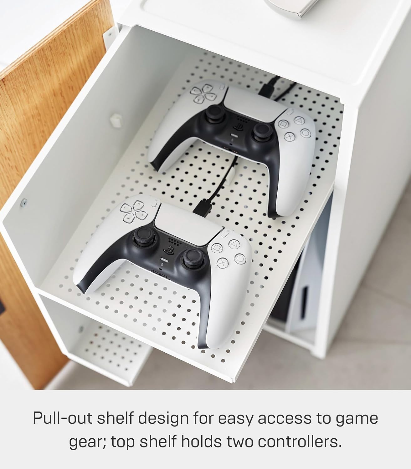 image:imageYamazaki Home Tower Large Capacity Game Console Rack Organize Controllers PullOut Shelf Cable Management SteelWhite
