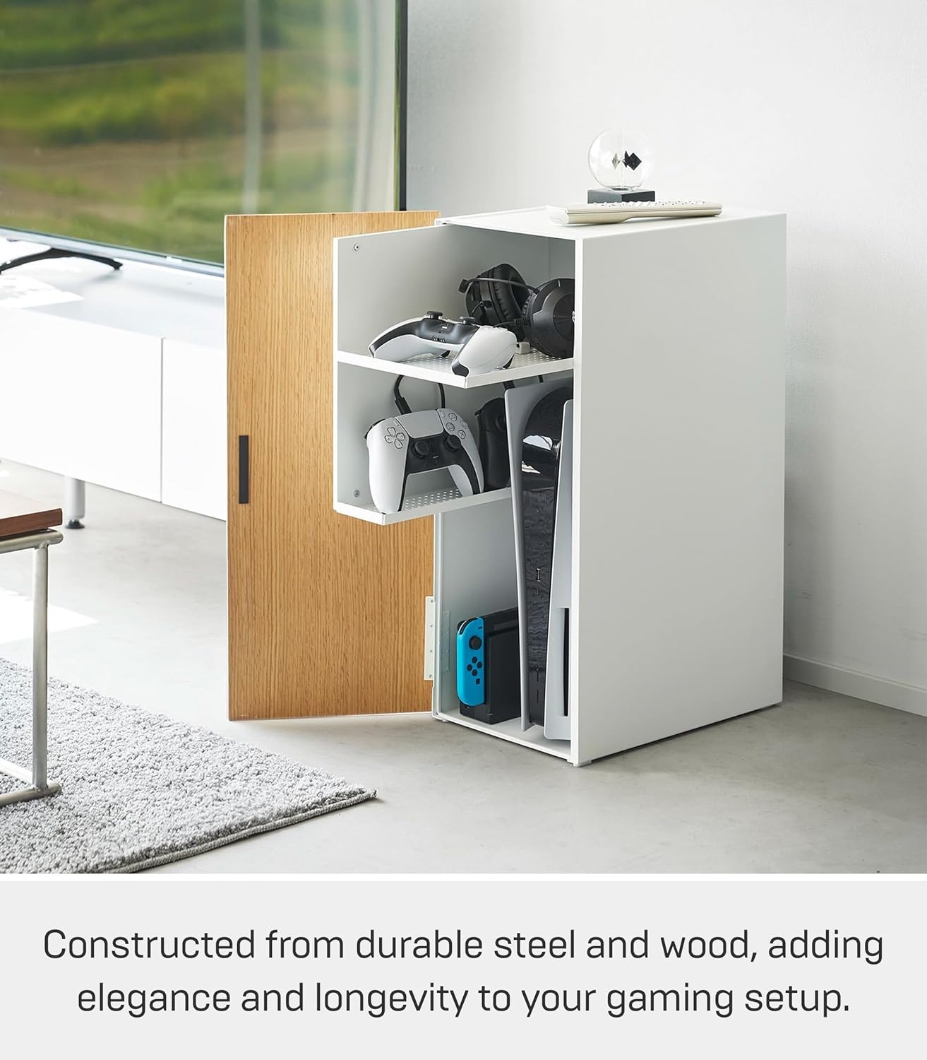 image:imageYamazaki Home Tower Large Capacity Game Console Rack Organize Controllers PullOut Shelf Cable Management SteelWhite