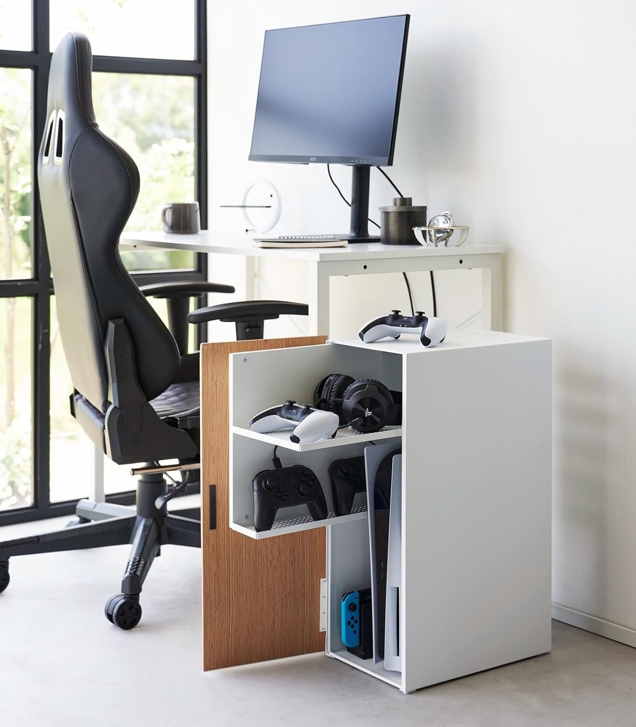image:imageYamazaki Home Tower Large Capacity Game Console Rack Organize Controllers PullOut Shelf Cable Management SteelWhite