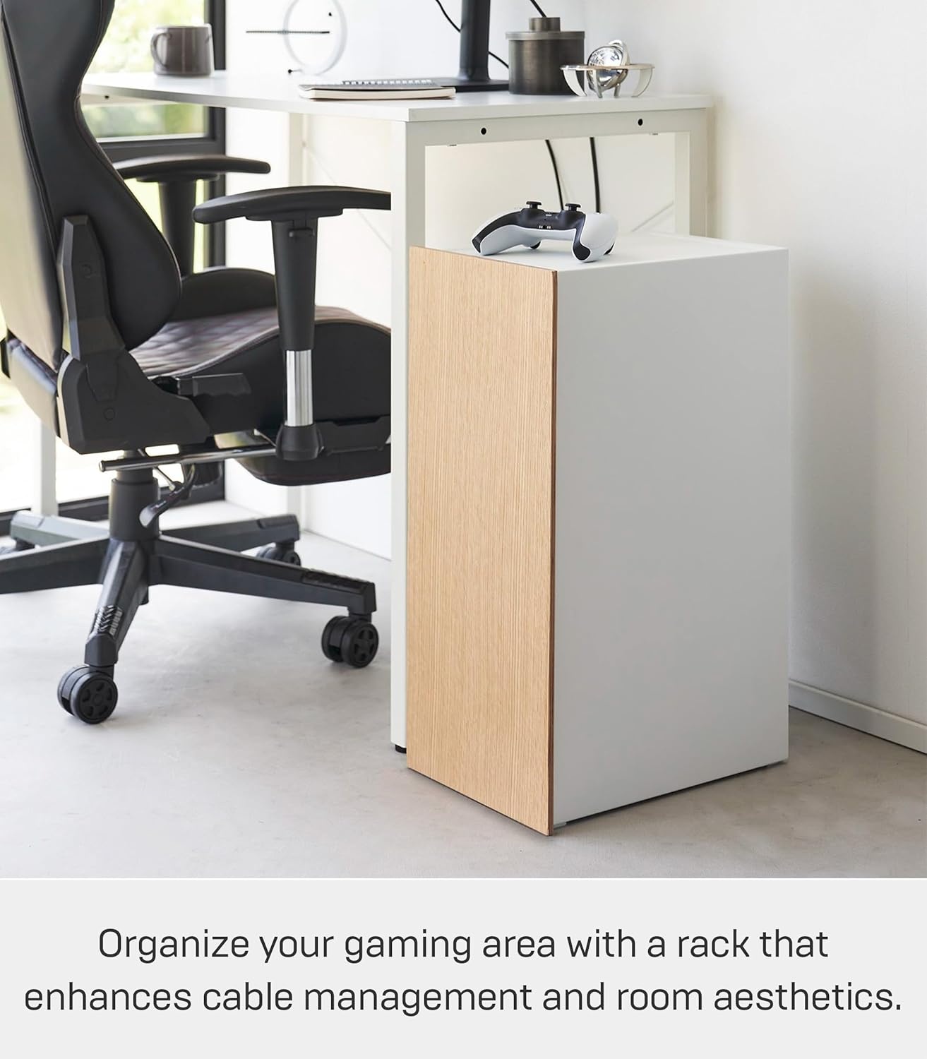 image:imageYamazaki Home Tower Large Capacity Game Console Rack Organize Controllers PullOut Shelf Cable Management SteelWhite
