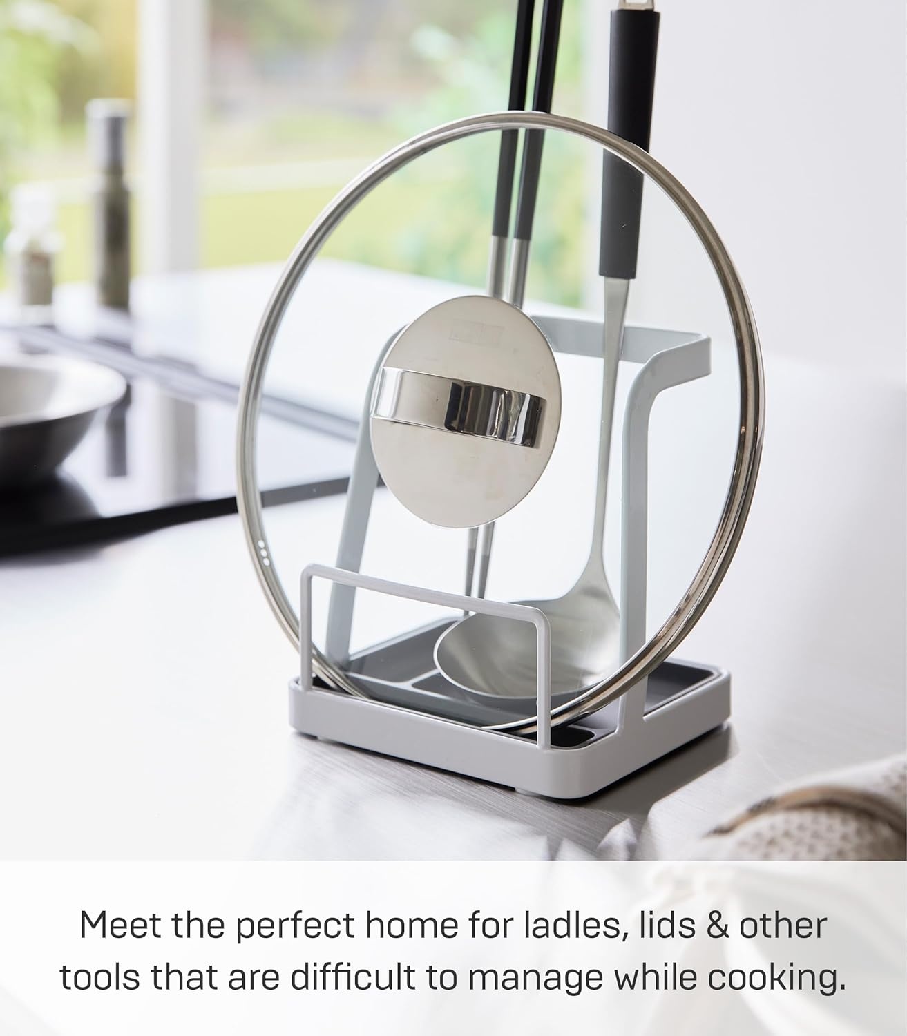 image:imageYamazaki Home Tower Lid amp Ladle Stand Large Kitchen Stand For Utensils Lids And Cookbooks HeatResistant Kitchen Stand Steel