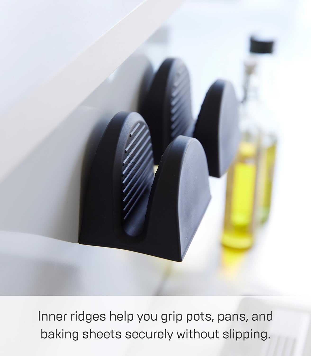 image:imageYamazaki Home Tower Magnetic Pot Holders Set of 2 Heat Resistant Silicone Oven Mitts Durable Insulated Hot Pads Magnetic Storage SiliconeBlack
