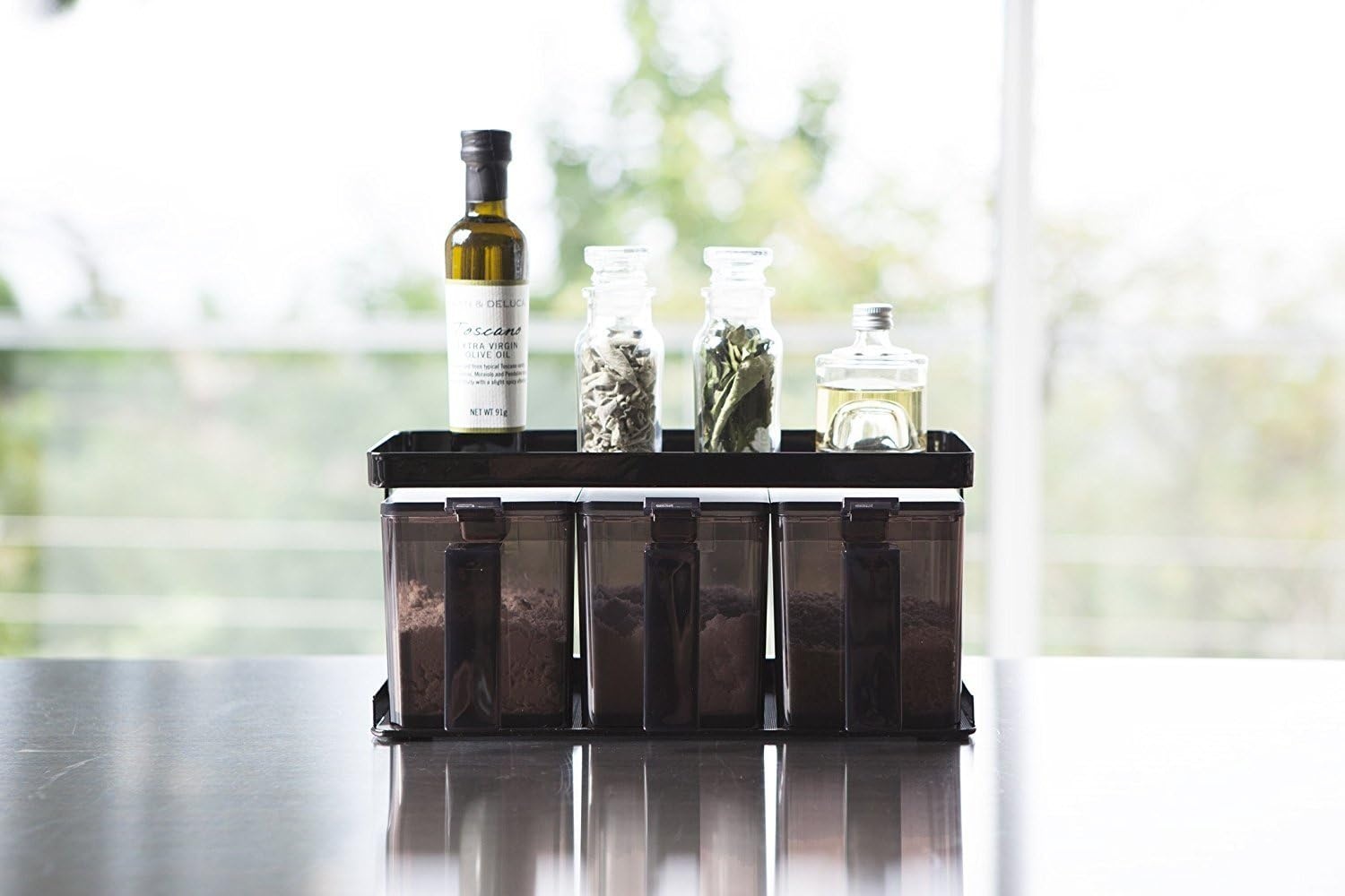 image:imageYamazaki Home Tower Pantry Canisters With Rack Kitchen Container Storage Organizer Triple Steel Plastic 825 Cups 195 LitersBlack
