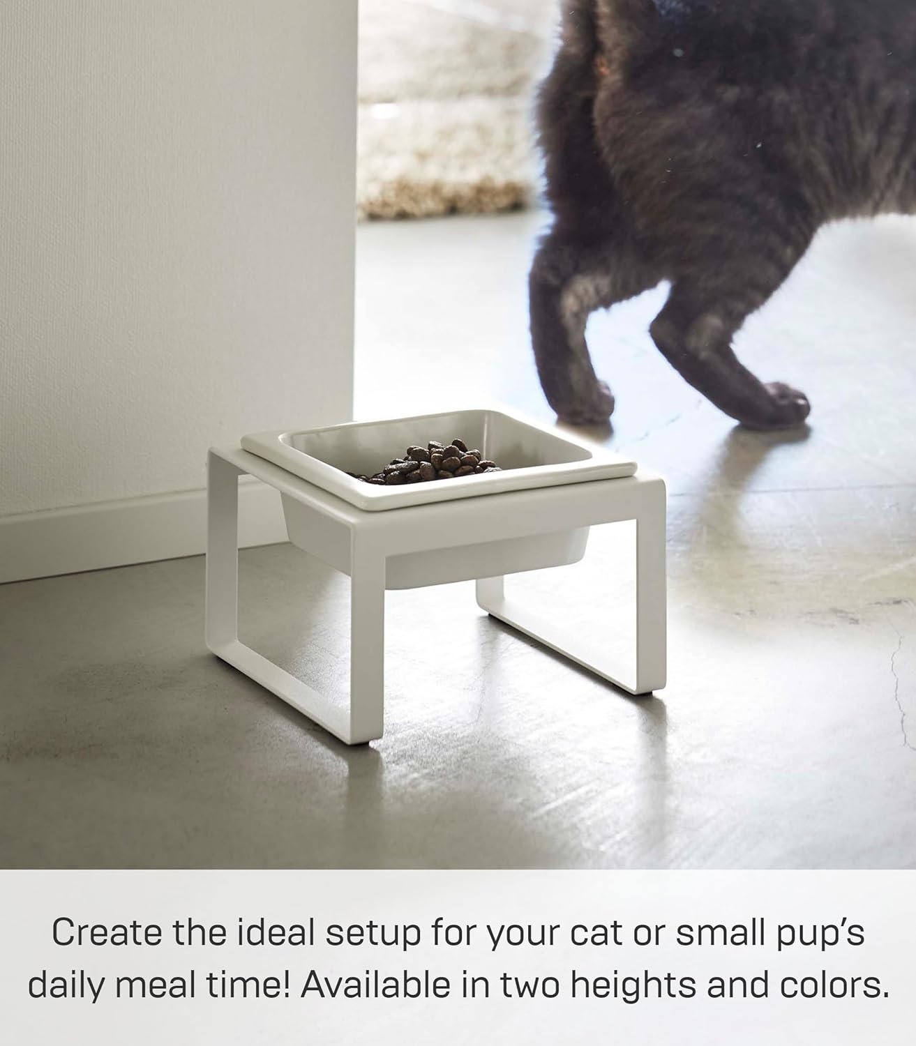 image:imageYamazaki Home Tower Raised Ceramic Pet Food Or Water Bowl with Metal Stand for Cats Or Small Dogs Short 125White