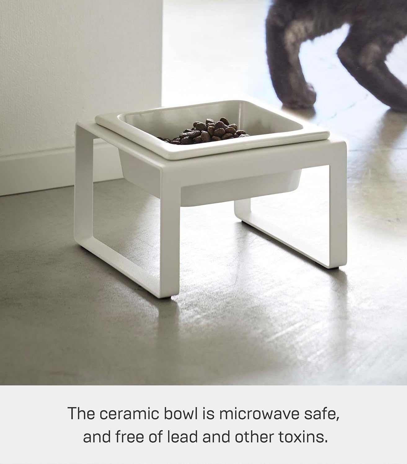 image:imageYamazaki Home Tower Raised Ceramic Pet Food Or Water Bowl with Metal Stand for Cats Or Small Dogs Short 125White