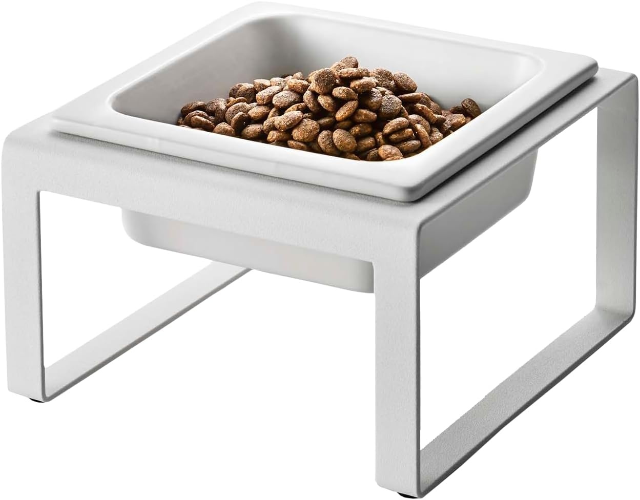 image:imageYamazaki Home Tower Raised Ceramic Pet Food Or Water Bowl with Metal Stand for Cats Or Small Dogs Short 125White