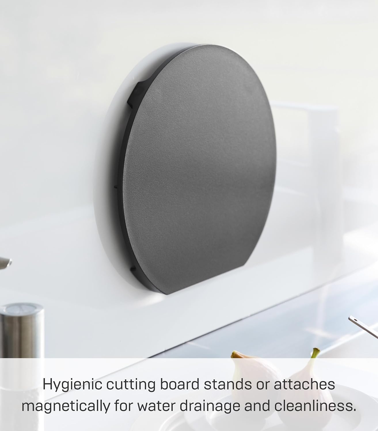 image:imageYamazaki Home Tower Round Cutting Board Magnetic Mounting Dishwasher Safe NonSlip Surface Ideal For Pizza And Ingredient Prep PolypropyleneBlack