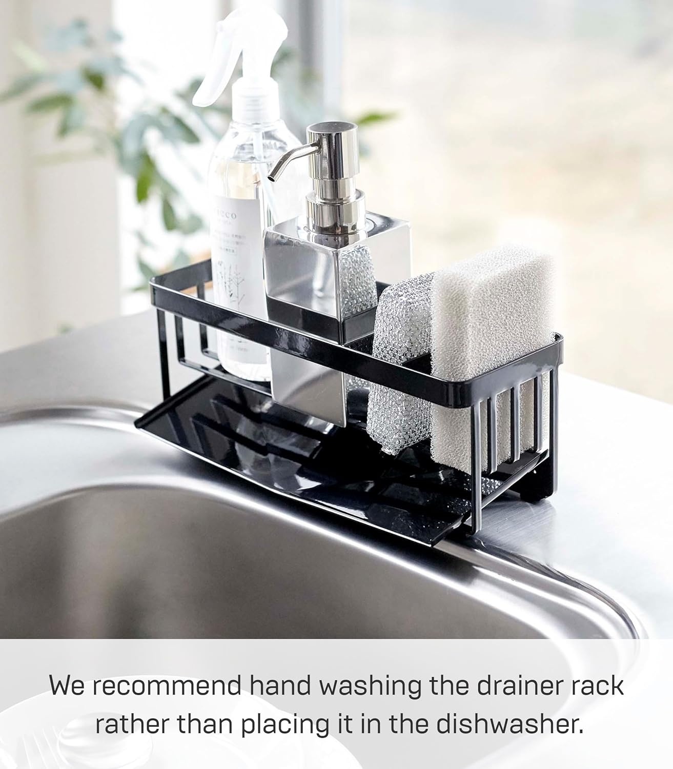 image:imageYamazaki Home Tower SelfDraining Sponge and Soap Bottle Rack Kitchen Sink Organizer Metal Holder with Removable Tray SteelBlack