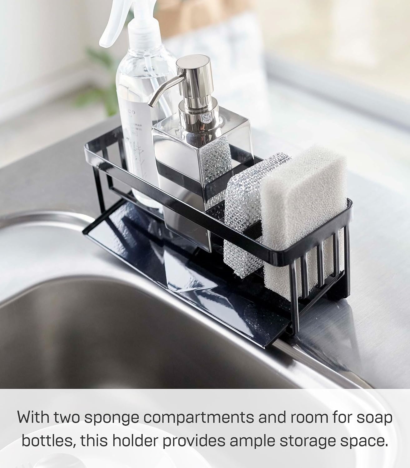 image:imageYamazaki Home Tower SelfDraining Sponge and Soap Bottle Rack Kitchen Sink Organizer Metal Holder with Removable Tray SteelBlack