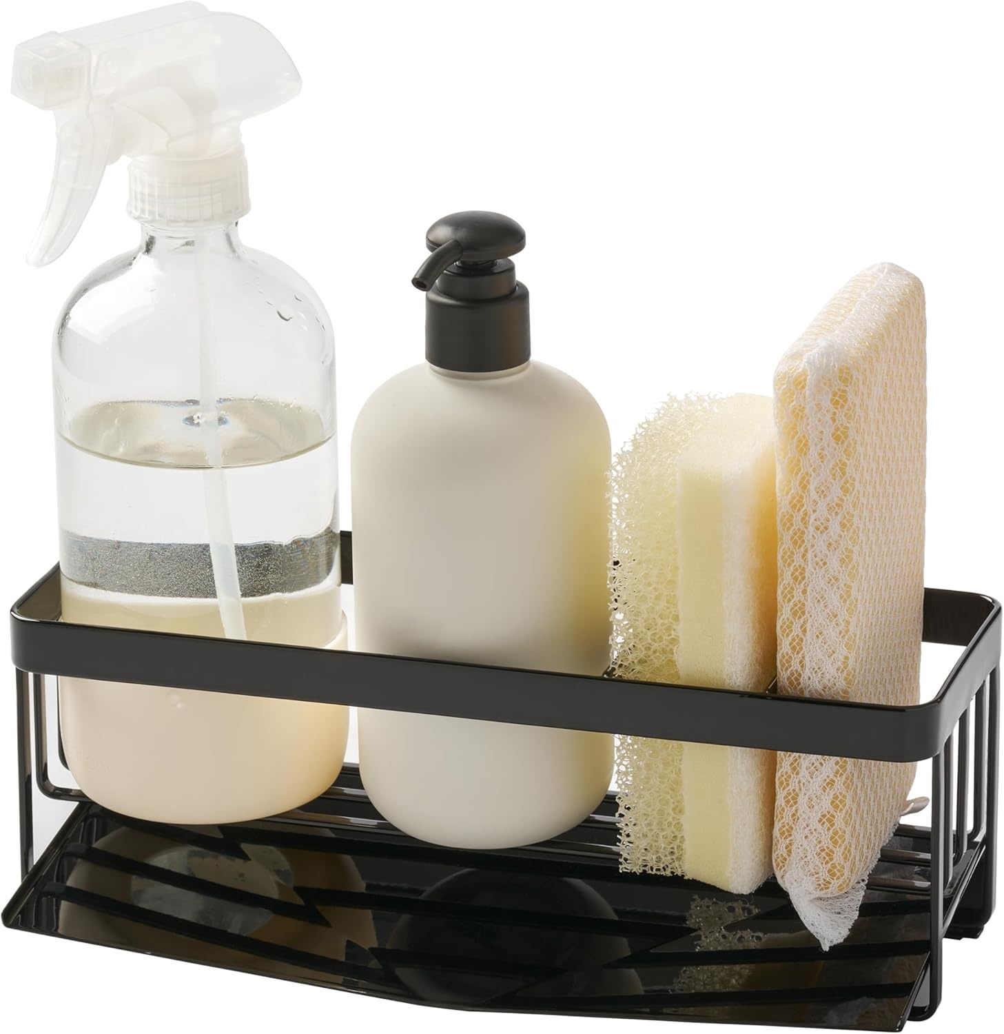 image:imageYamazaki Home Tower SelfDraining Sponge and Soap Bottle Rack Kitchen Sink Organizer Metal Holder with Removable Tray SteelBlack
