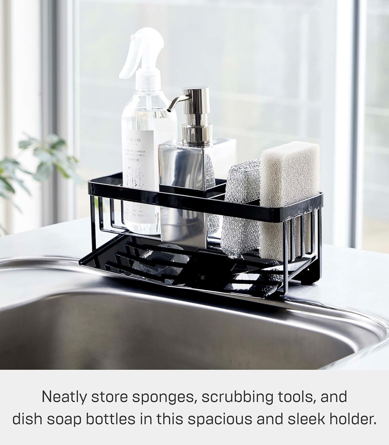 image:imageYamazaki Home Tower SelfDraining Sponge and Soap Bottle Rack Kitchen Sink Organizer Metal Holder with Removable Tray SteelBlack