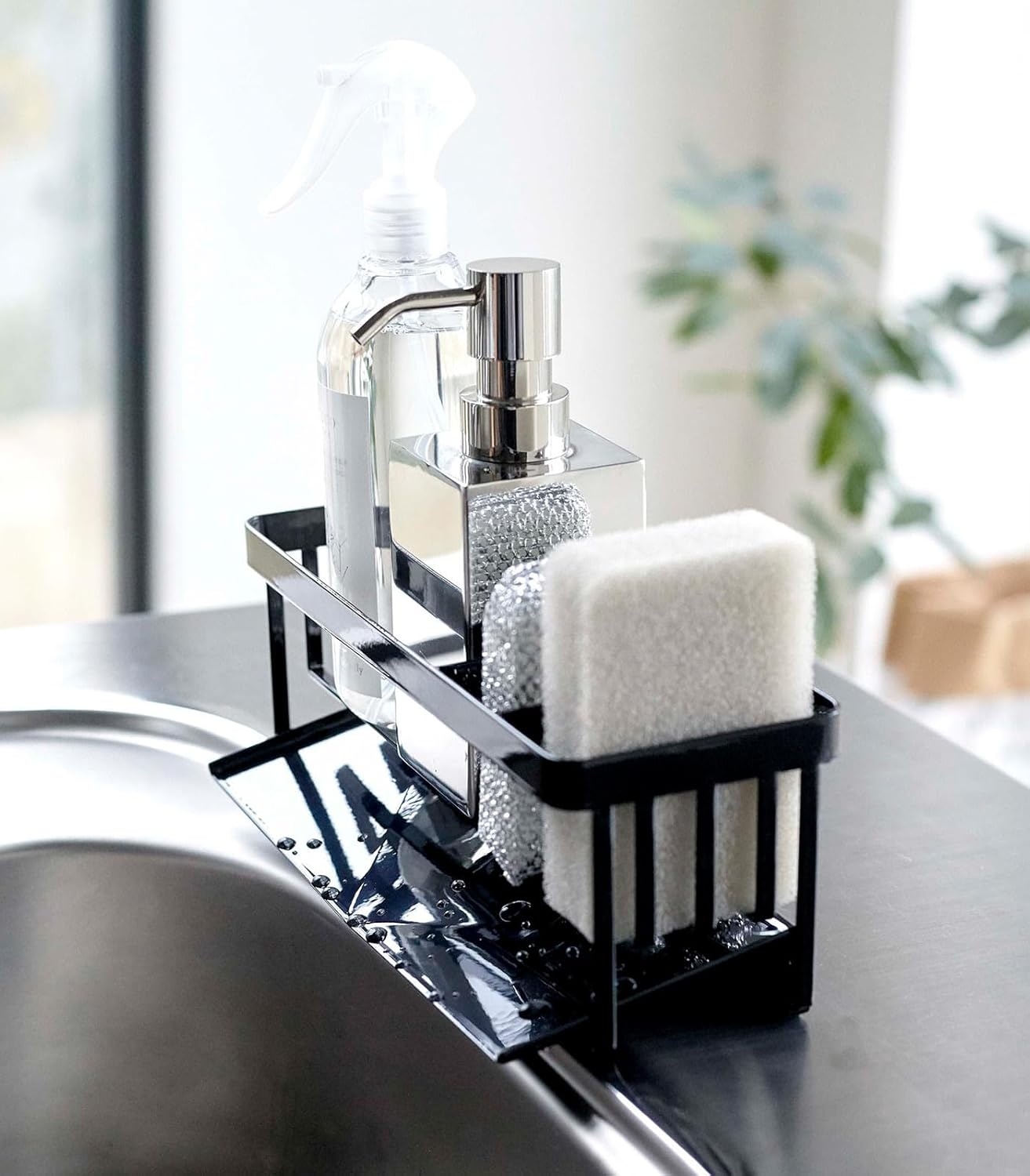 image:imageYamazaki Home Tower SelfDraining Sponge and Soap Bottle Rack Kitchen Sink Organizer Metal Holder with Removable Tray SteelBlack