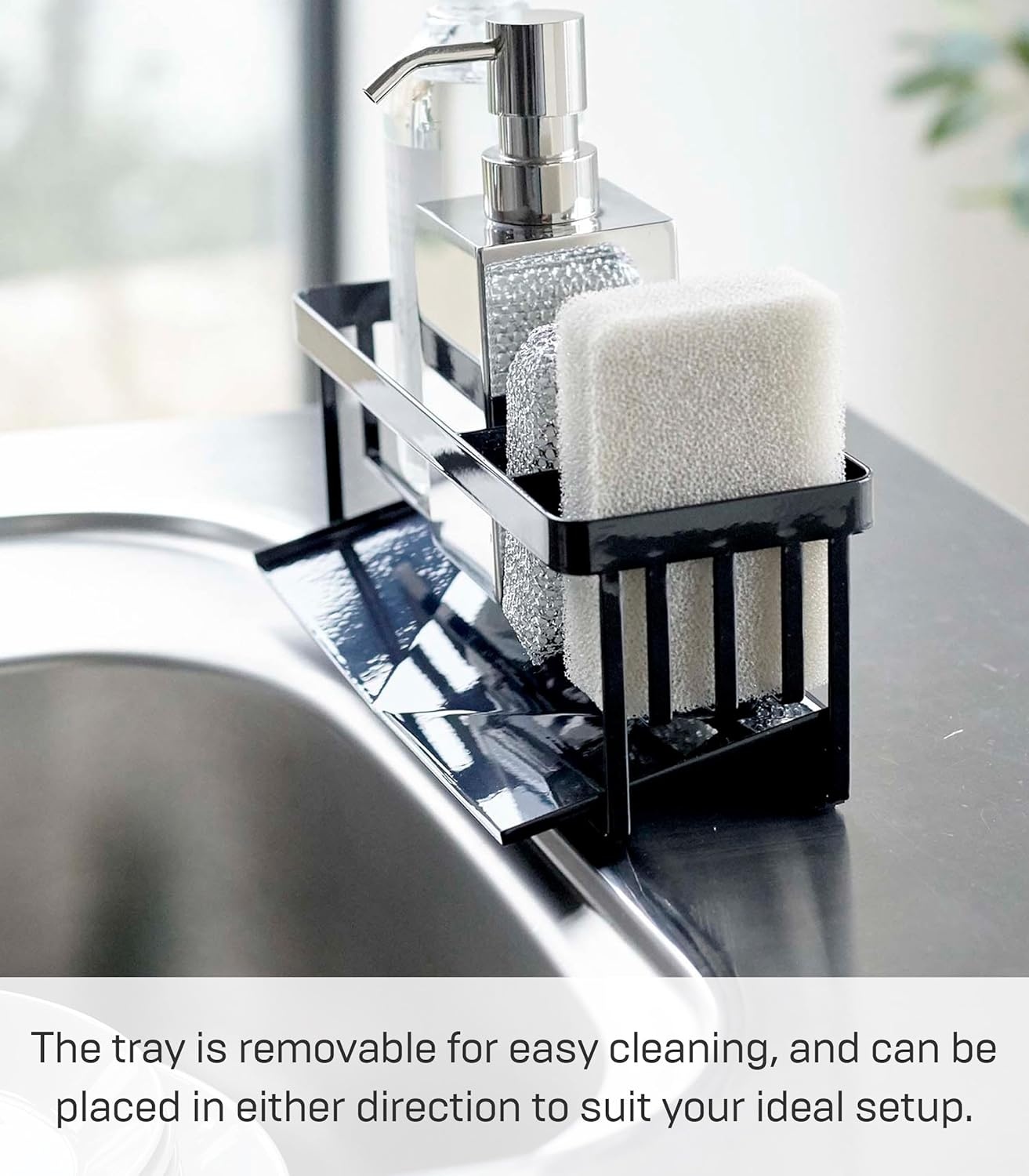 image:imageYamazaki Home Tower SelfDraining Sponge and Soap Bottle Rack Kitchen Sink Organizer Metal Holder with Removable Tray SteelBlack