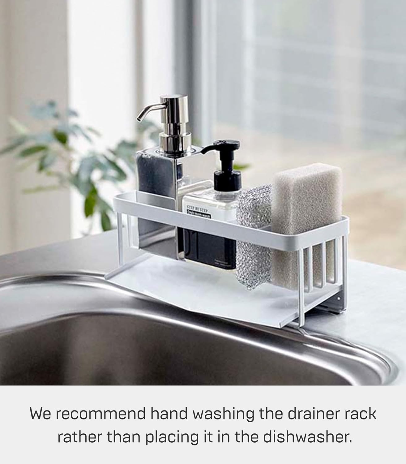 image:imageYamazaki Home Tower SelfDraining Sponge and Soap Bottle Rack Kitchen Sink Organizer Metal Holder with Removable Tray SteelWhite