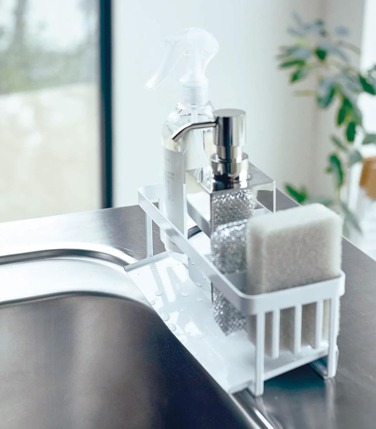image:imageYamazaki Home Tower SelfDraining Sponge and Soap Bottle Rack Kitchen Sink Organizer Metal Holder with Removable Tray SteelWhite