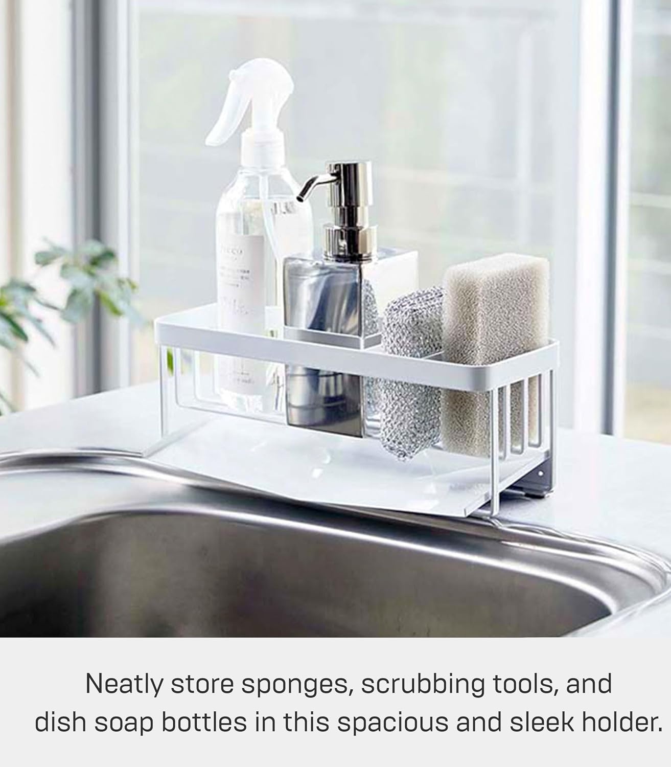 image:imageYamazaki Home Tower SelfDraining Sponge and Soap Bottle Rack Kitchen Sink Organizer Metal Holder with Removable Tray SteelWhite