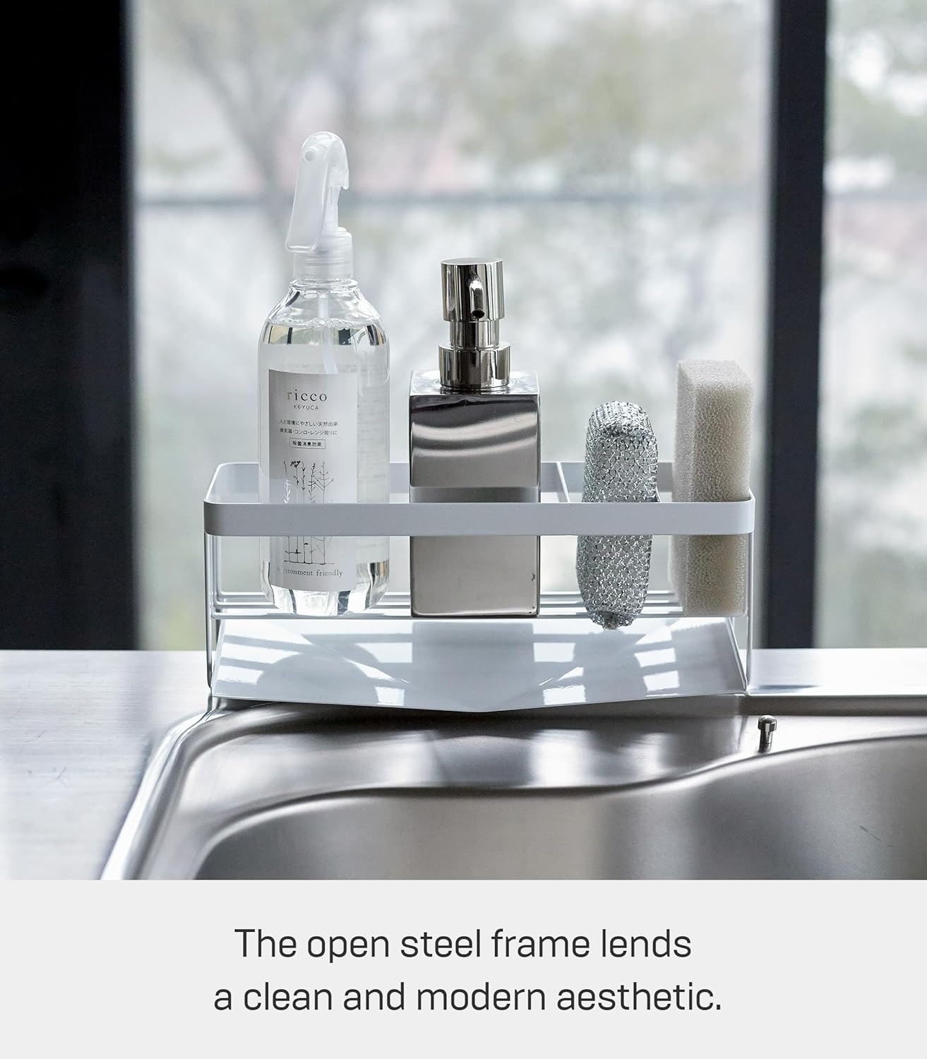 image:imageYamazaki Home Tower SelfDraining Sponge and Soap Bottle Rack Kitchen Sink Organizer Metal Holder with Removable Tray SteelWhite