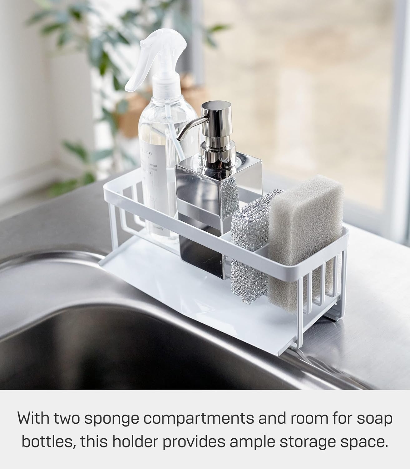 image:imageYamazaki Home Tower SelfDraining Sponge and Soap Bottle Rack Kitchen Sink Organizer Metal Holder with Removable Tray SteelWhite